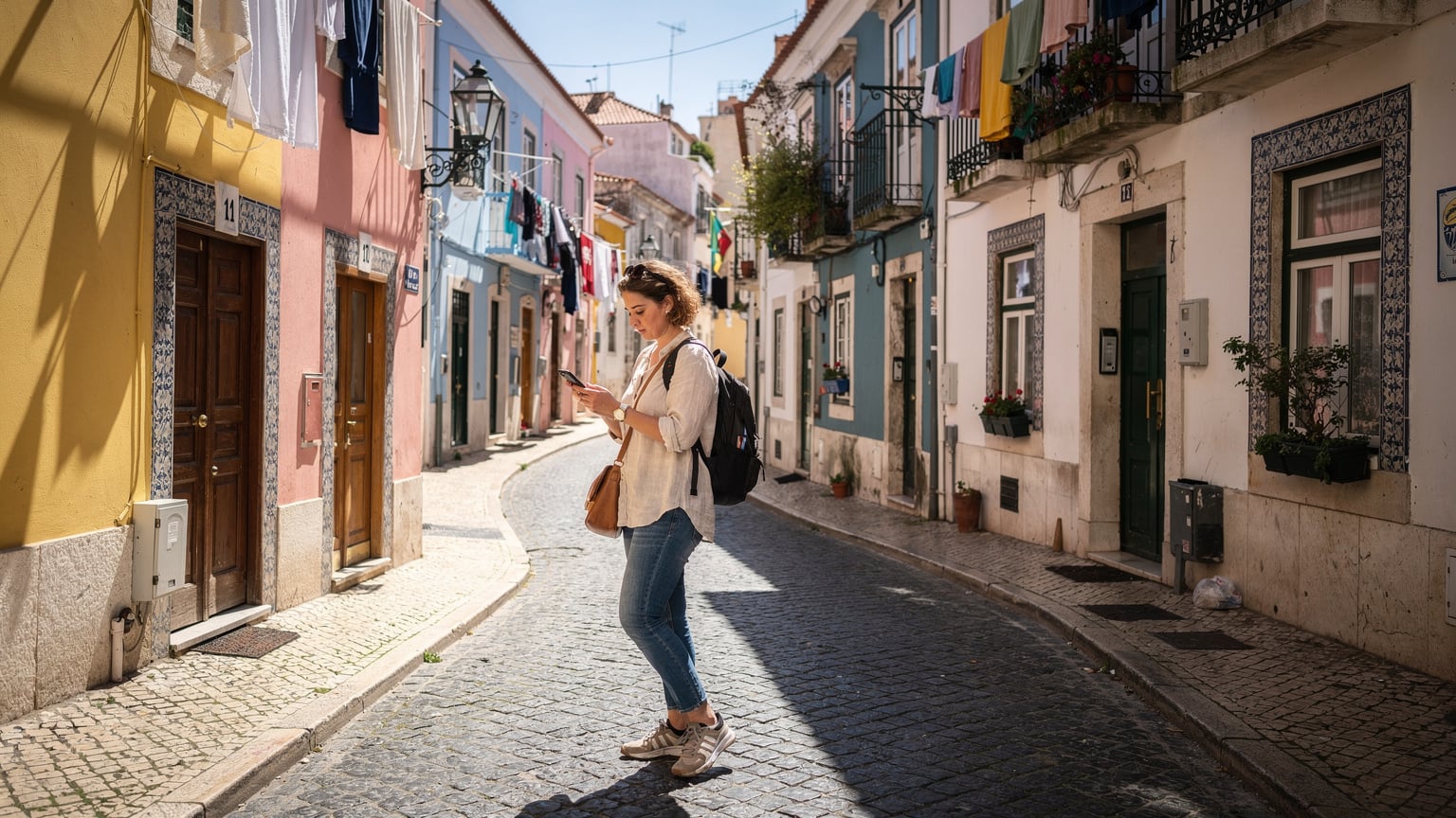 Uma turista verifica seu smartphone enquanto caminha por uma rua colorida e movimentada no bairro de Alfama, em Lisboa, com casas antigas e azulejos.