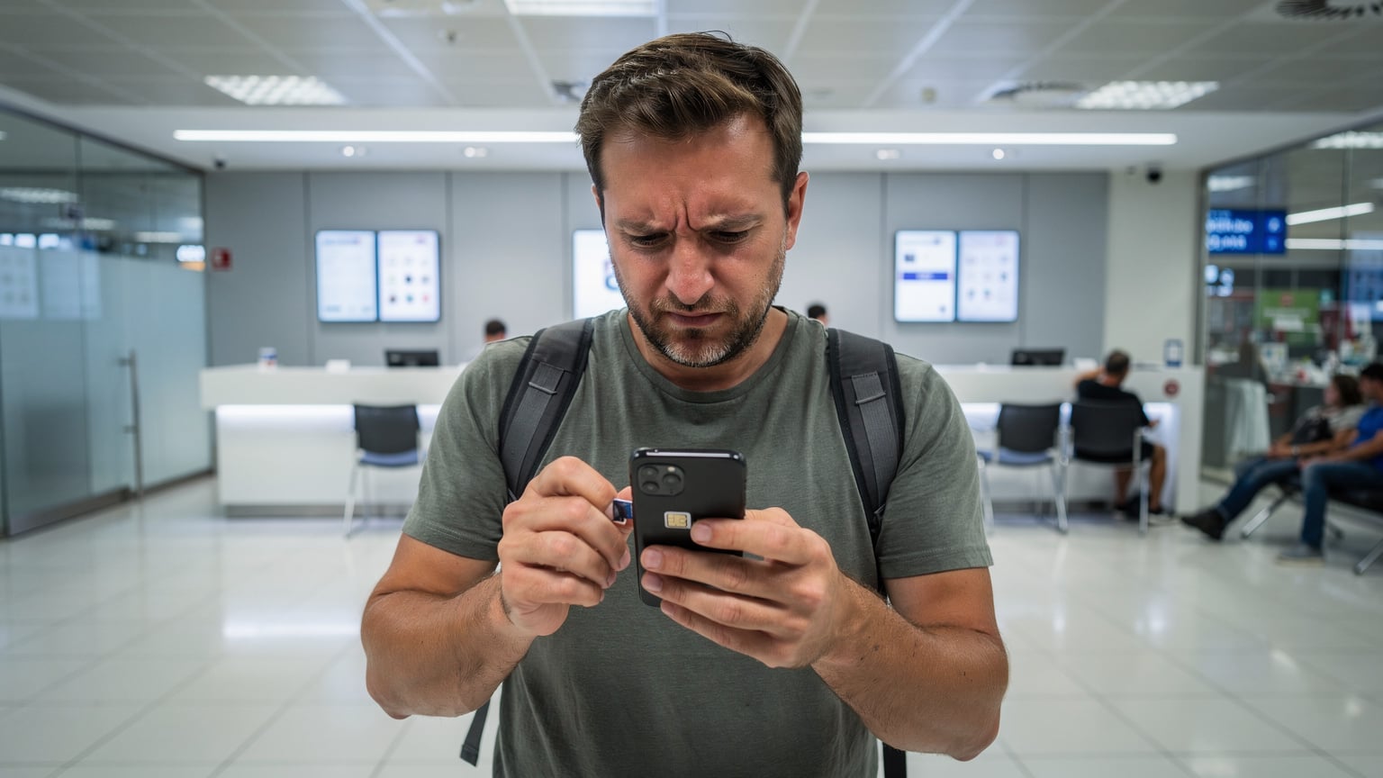 Um viajante frustrado tentando configurar o telefone em uma loja de operadora em um aeroporto português, com outros viajantes ao fundo e balcões vazios.