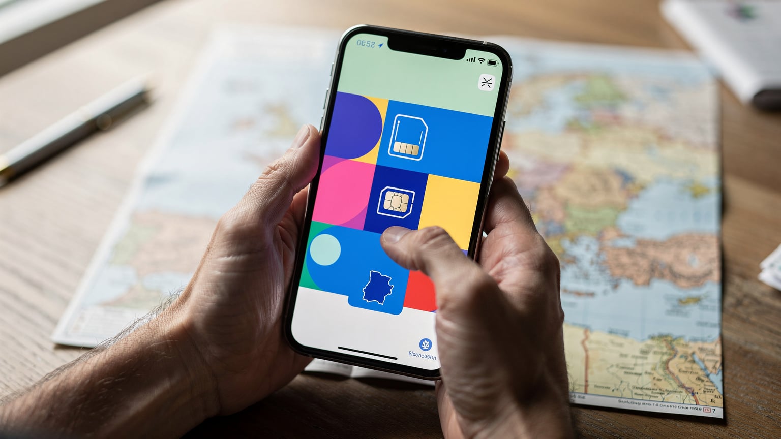 Mãos de um viajante segurando um smartphone, mostrando o aplicativo Revolut com a opção de compra de eSIM para Portugal, com um mapa da Europa ao fundo.