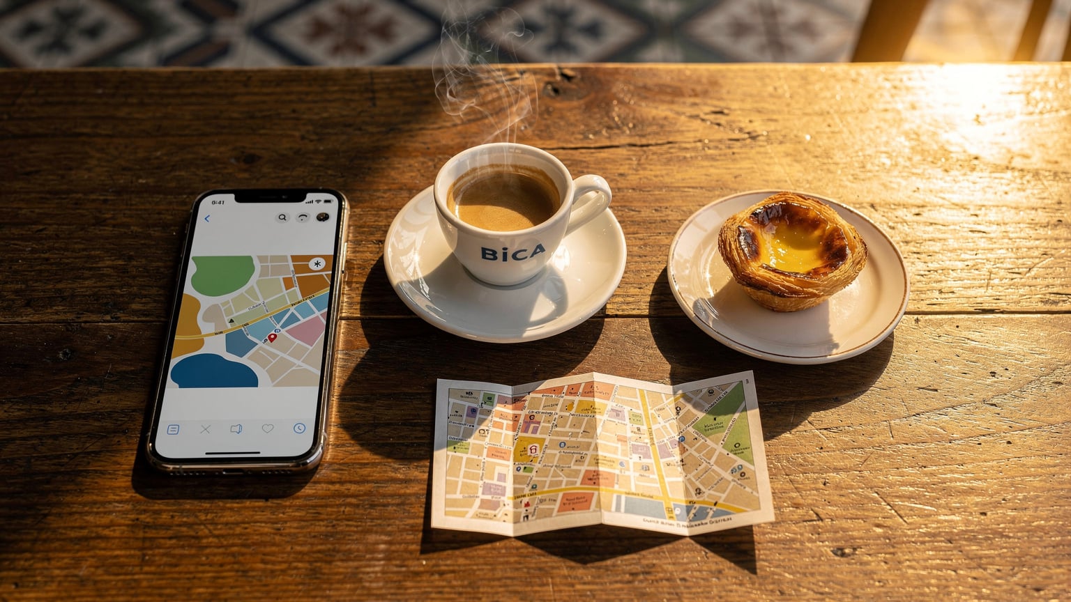 Uma mesa de café em Lisboa com um smartphone mostrando um aplicativo de mapas, uma xícara de café Bica e um pastel de nata, com a luz do sol da manhã iluminando a cena.