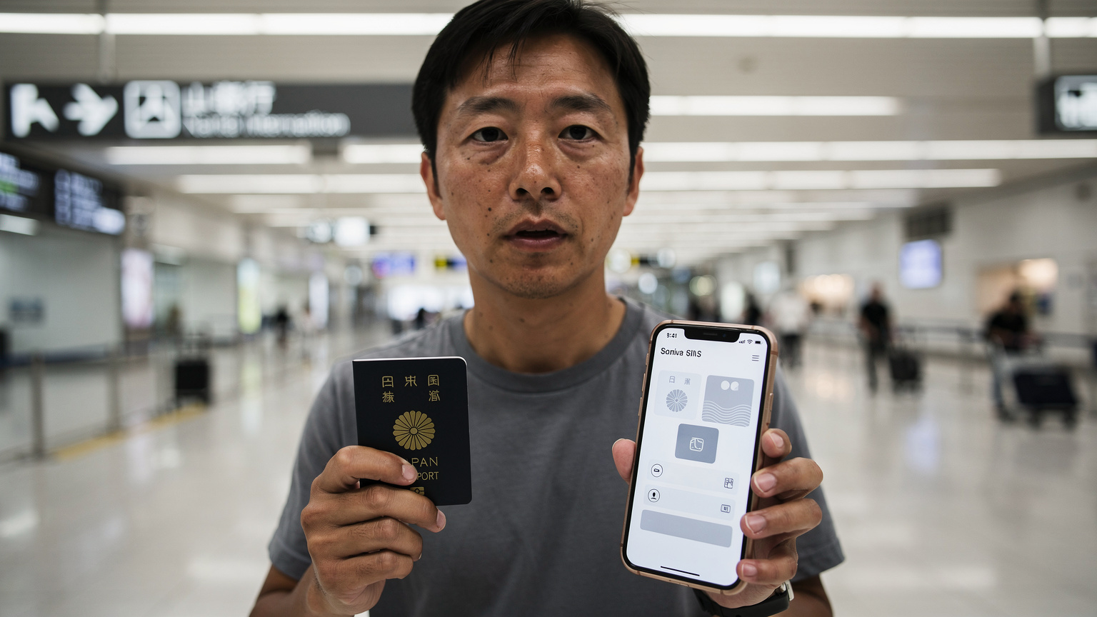 Seorang pria memegang paspor dan ponsel dengan layar eSIM di Bandara Internasional Narita, Tokyo, Jepang, menunjukkan kemudahan aktivasi sebelum keluar dari area imigrasi.
