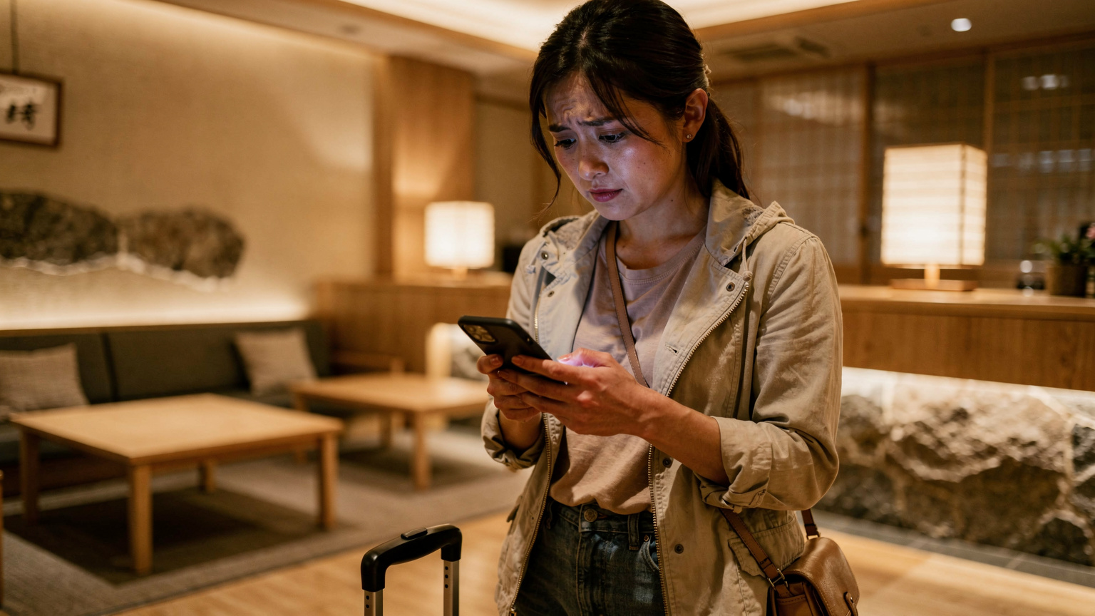 Seorang traveler sedang memegang ponselnya dengan tatapan khawatir di lobi hotel di Tokyo, mengindikasikan masalah koneksi atau informasi penting yang gagal dimuat.