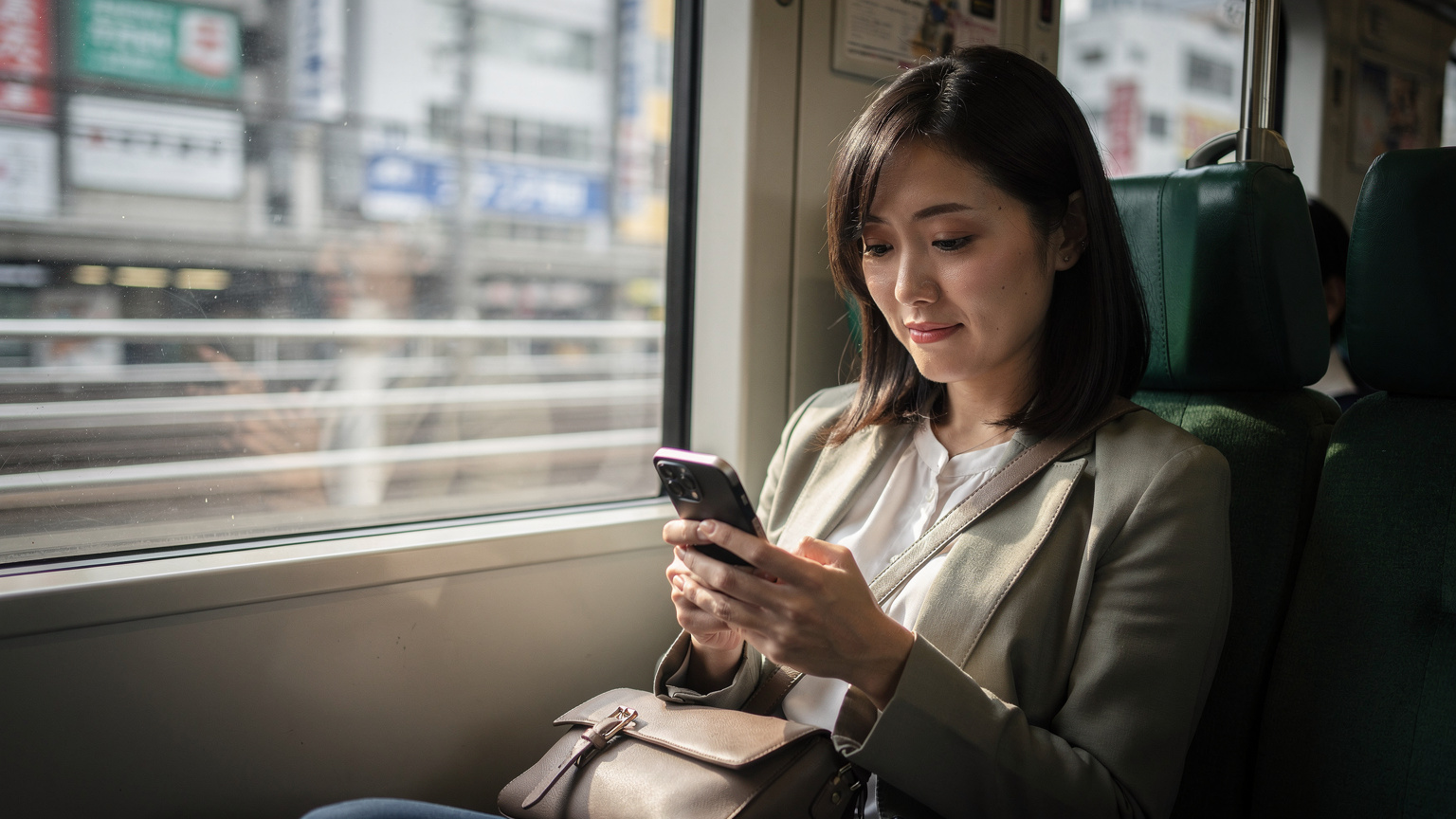 Seorang wanita sedang menggunakan ponselnya di dalam kereta Yamanote Line di Tokyo, dengan pemandangan kota yang bergerak cepat di luar jendela, mencerminkan kebutuhan akan konektivitas yang stabil saat bepergian.