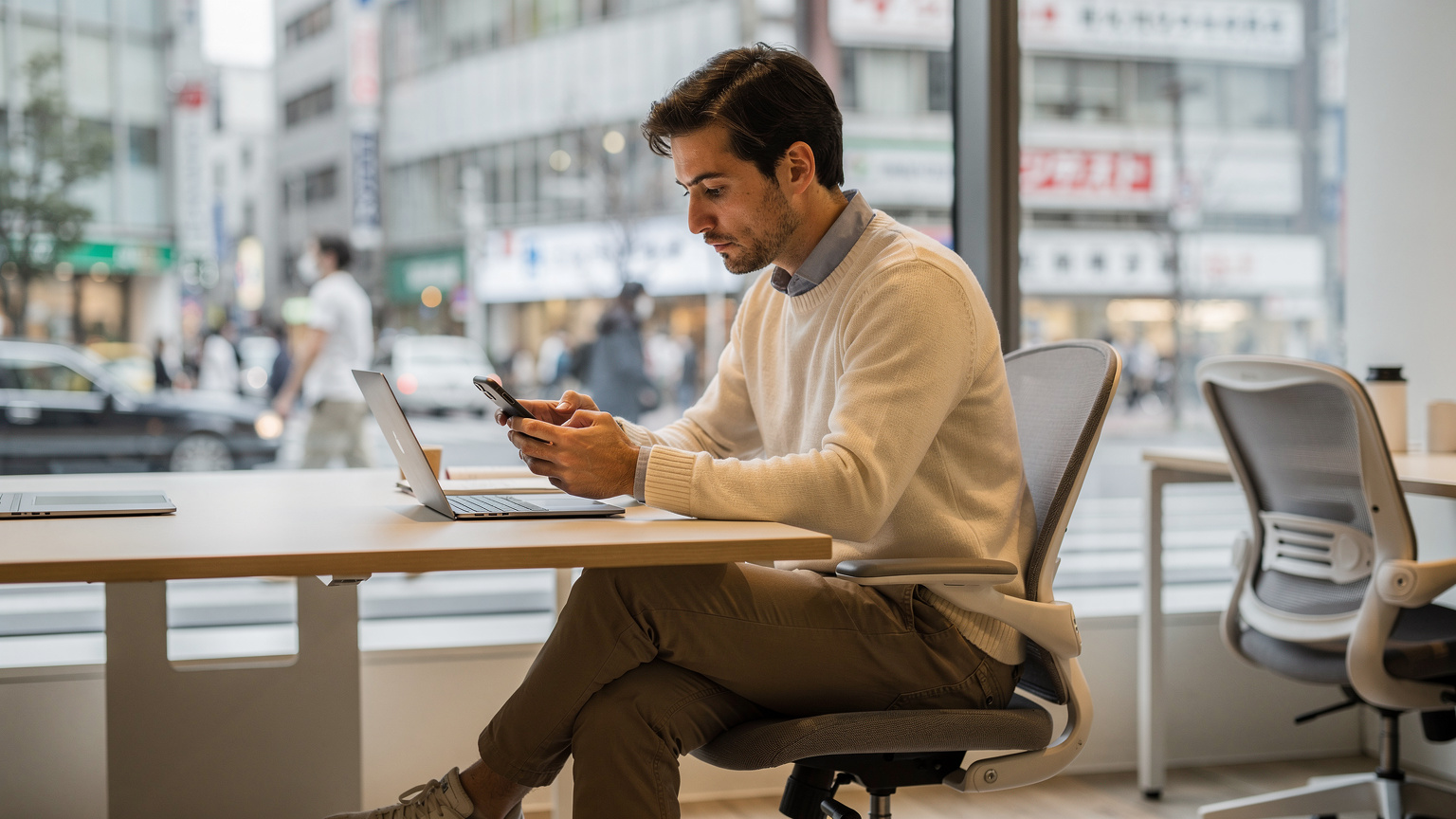Seorang digital nomad sedang berinteraksi dengan ponselnya di sebuah co-working space modern di Tokyo, Jepang, dengan latar belakang jendela besar yang menampilkan pemandangan kota.