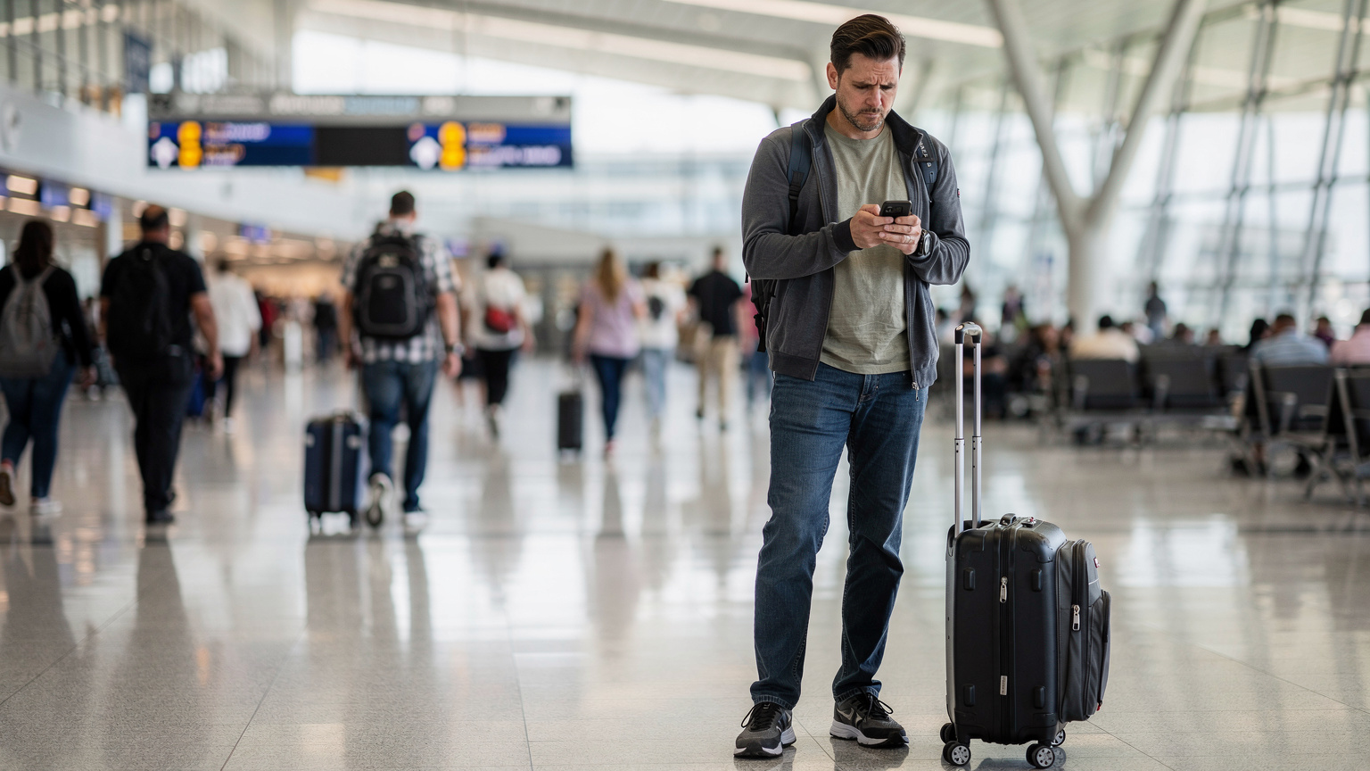 A traveler looks concerned at their smartphone in a busy American airport terminal, with luggage nearby and other passengers hurrying past, suggesting a moment of connectivity trouble or data anxiety.