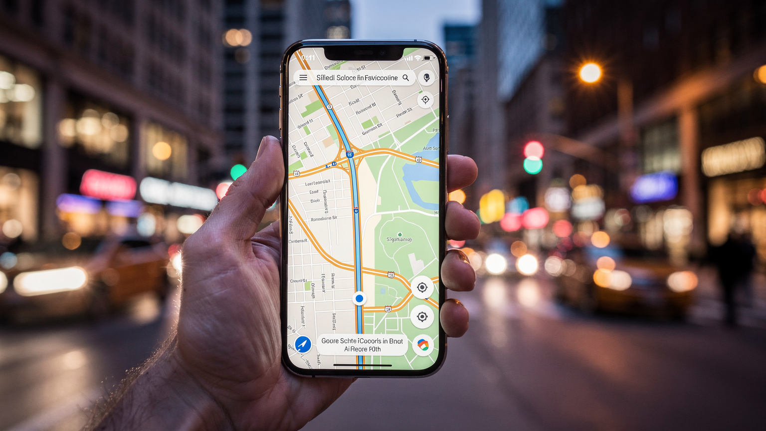 A close-up of a traveler's hand holding a smartphone, displaying a map with a route highlighted, with a blurred backdrop of a typical American city streetscape at dusk, showing cars and storefronts.