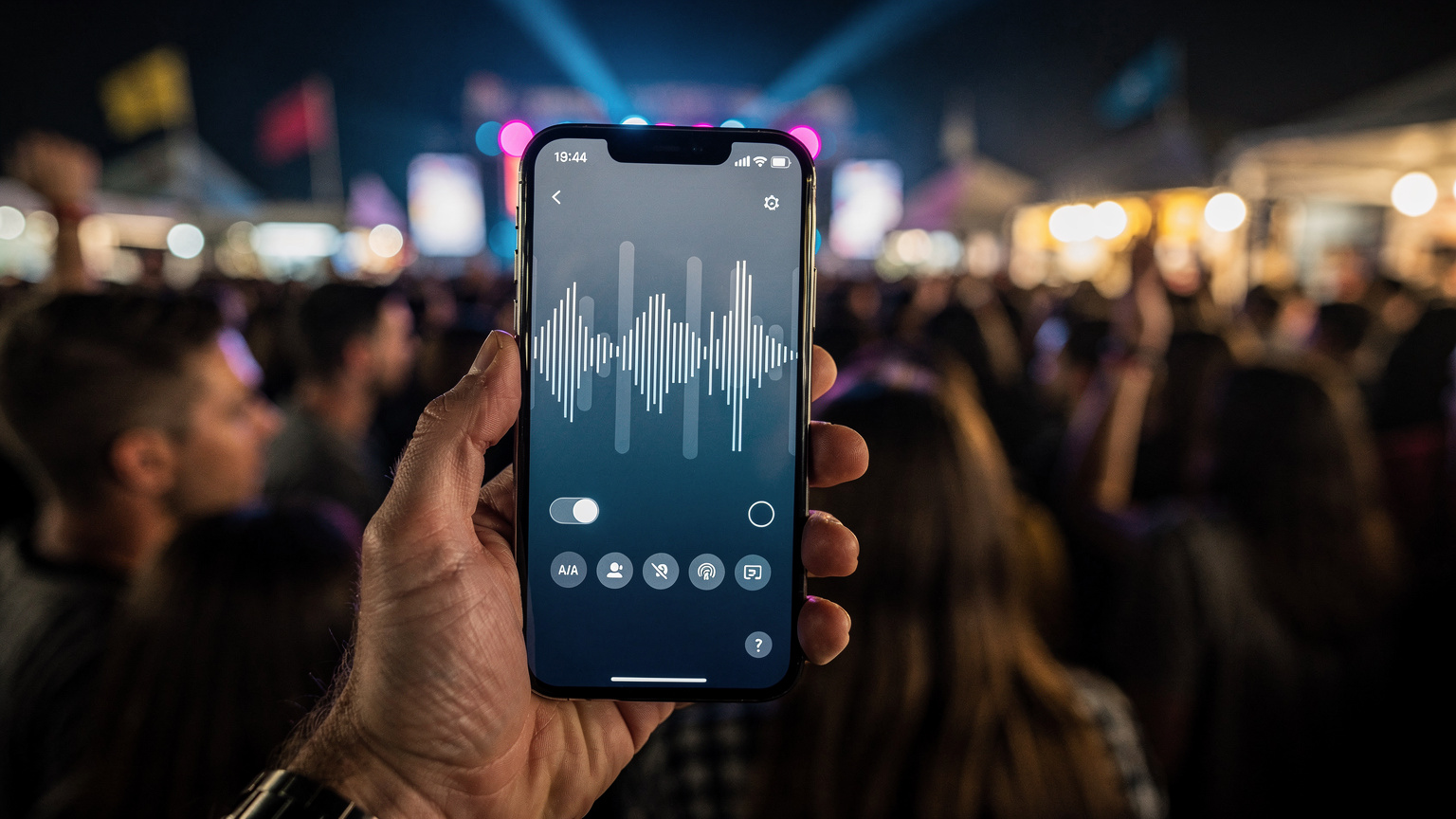Uma mão segura um smartphone com a tela mostrando as configurações de rede móvel, com barras de sinal flutuando e a opção de seleção de operadora visível, em um ambiente de festival movimentado.
