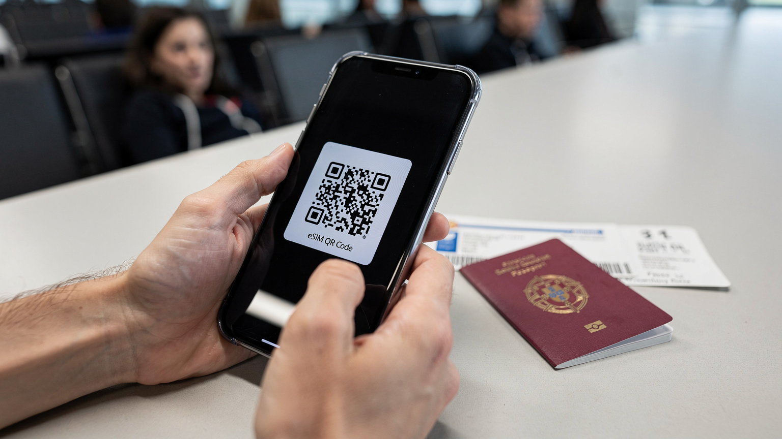 Mãos de um viajante segurando um smartphone, digitalizando um código QR de eSIM impresso numa folha, com um passaporte europeu e um cartão de embarque desfocados ao fundo, num ambiente de aeroporto.
