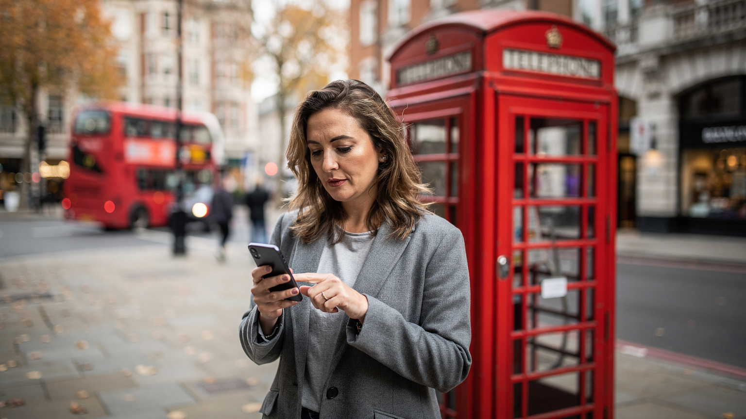 Londra'nın ikonik bir kırmızı telefon kulübesi önünde duran, telefonunda eSIM uygulamasını kontrol eden bir anne figürü.