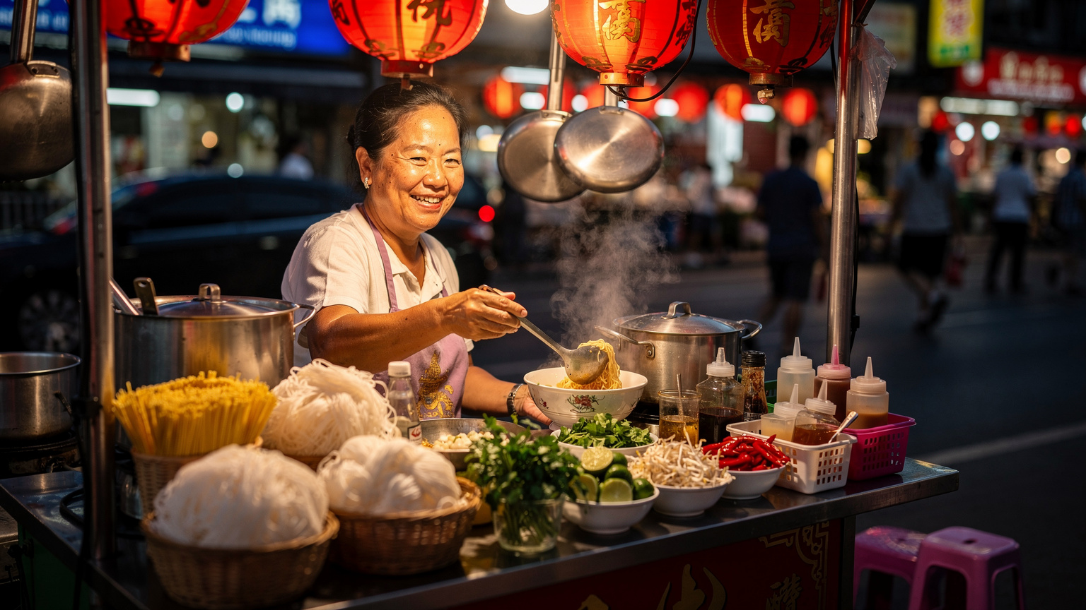 Une vendeuse de street food à un étal de nouilles fumantes, souriante, dans le quartier animé de Yaowarat (Chinatown) à Bangkok, sous des lanternes rouges, fin de soirée.