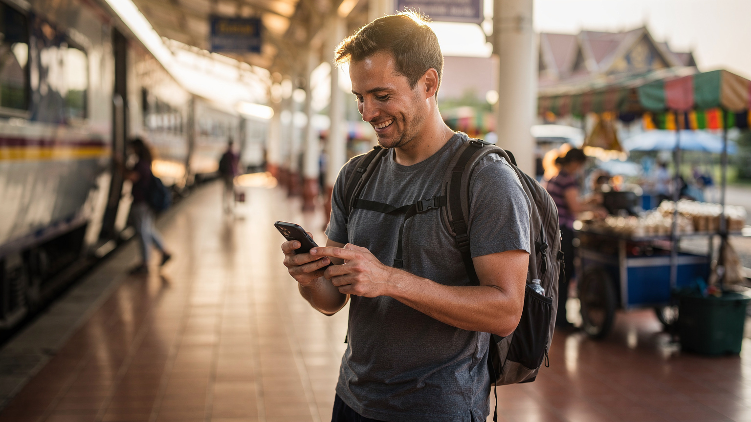 Un voyageur souriant, sac à dos, utilise son téléphone pour naviguer juste après être descendu d'un train de nuit climatisé à la gare de Chiang Mai, prêt à explorer la ville.