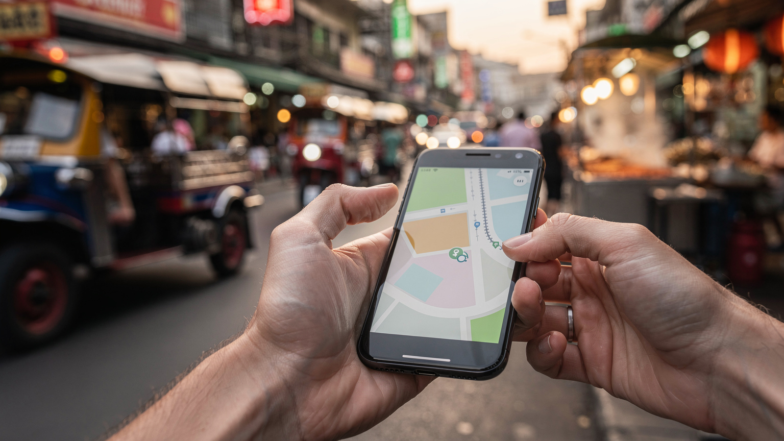 Un plan serré sur la main d'un voyageur utilisant l'application Grab pour commander un tuk-tuk, avec l'agitation d'une rue de Bangkok dans le quartier de Chinatown en arrière-plan, fin d'après-midi.