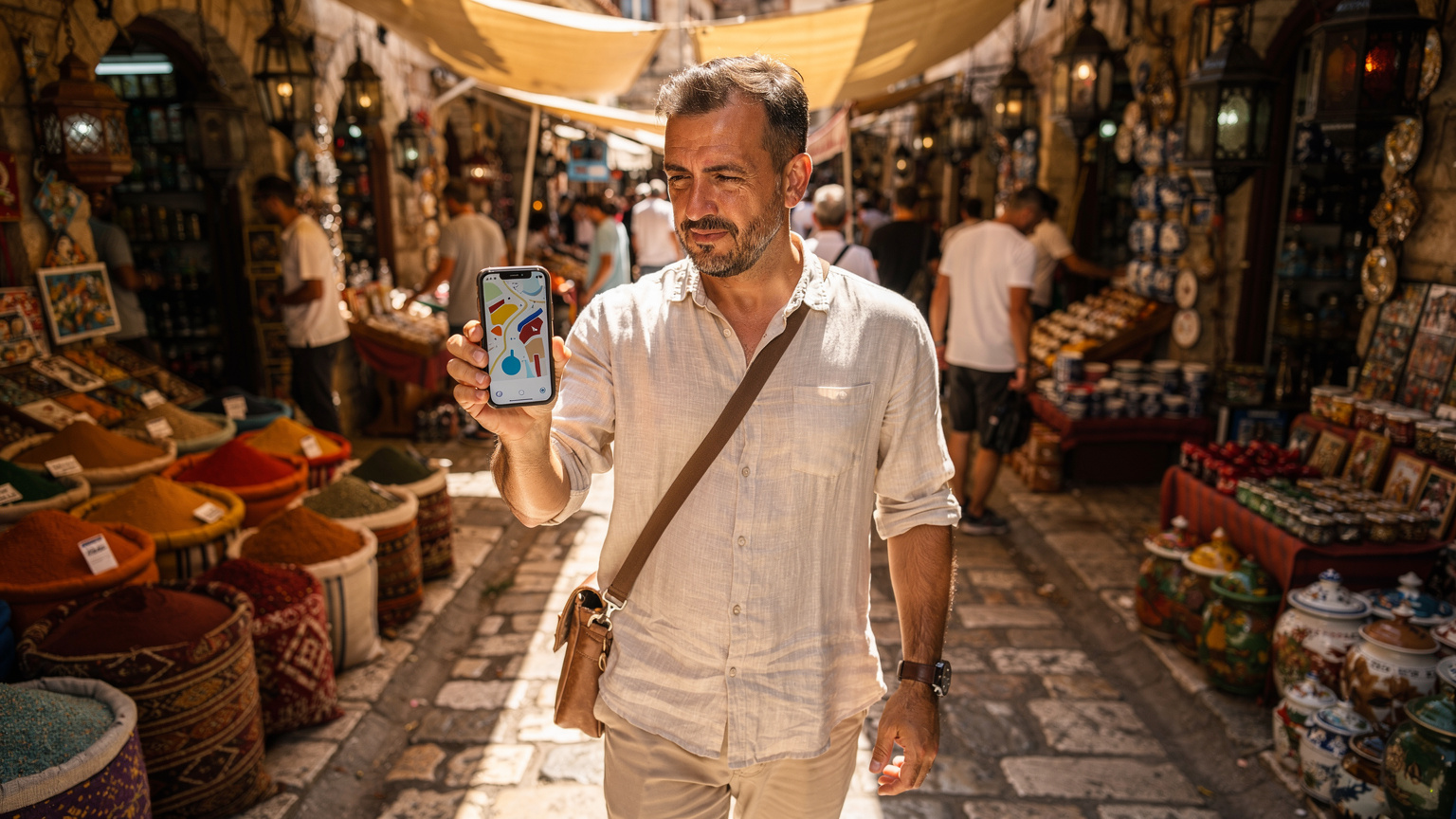 Un bărbat folosește Google Maps pe telefonul său, navigând pe străzile aglomerate din bazarul istoric din Kaleiçi, Antalya, cu tarabe pline de condimente și textile în fundal.