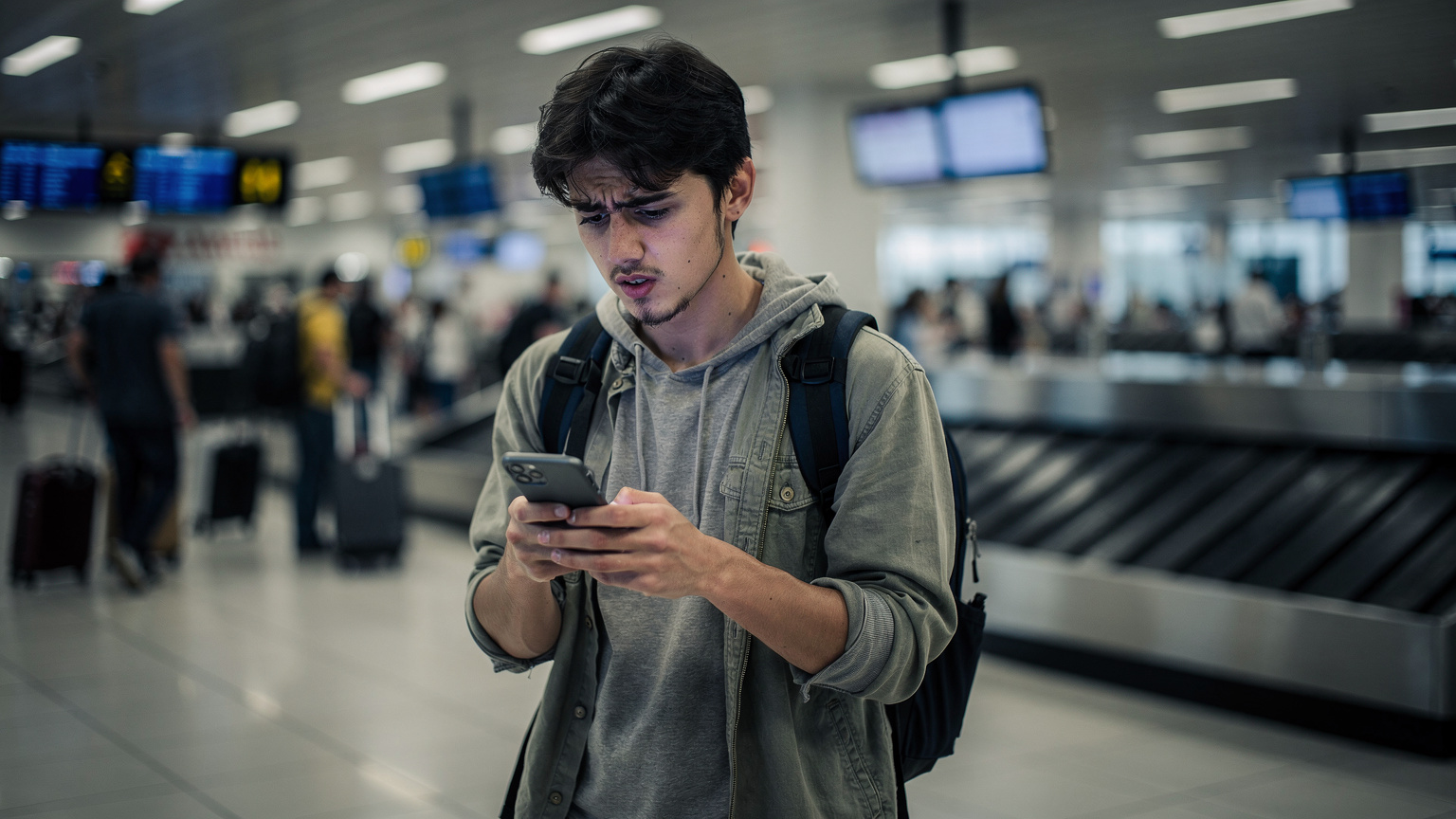 Un călător, cu o expresie îngrijorată, privește ecranul telefonului său într-un colț aglomerat al Aeroportului Antalya (AYT), cu indicatoare de zbor și bagaje în fundal.