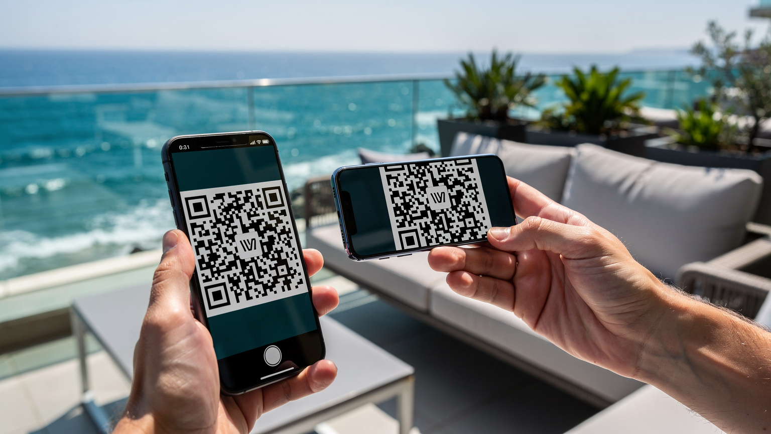 Un călător își activează ușor un eSIM pe telefonul său, scanând un cod QR, pe terasa unui hotel modern cu vedere la Marea Mediterană, în Antalya.