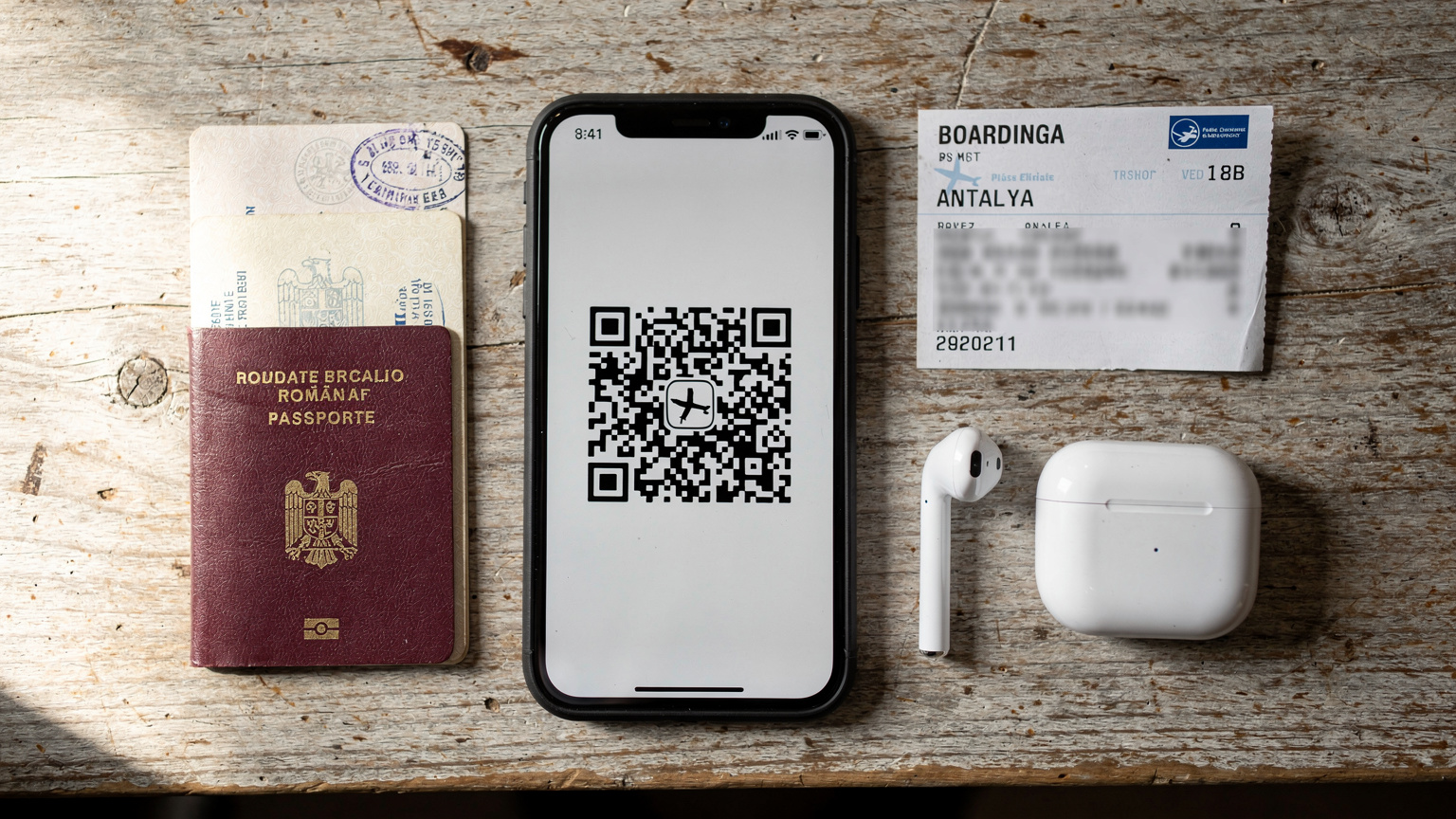 O ilustrație cu un iPhone afișând un cod QR pe ecran, alături de un pașaport deschis și un bilet de avion, pe o masă de lemn, sugerând pregătiri de călătorie.