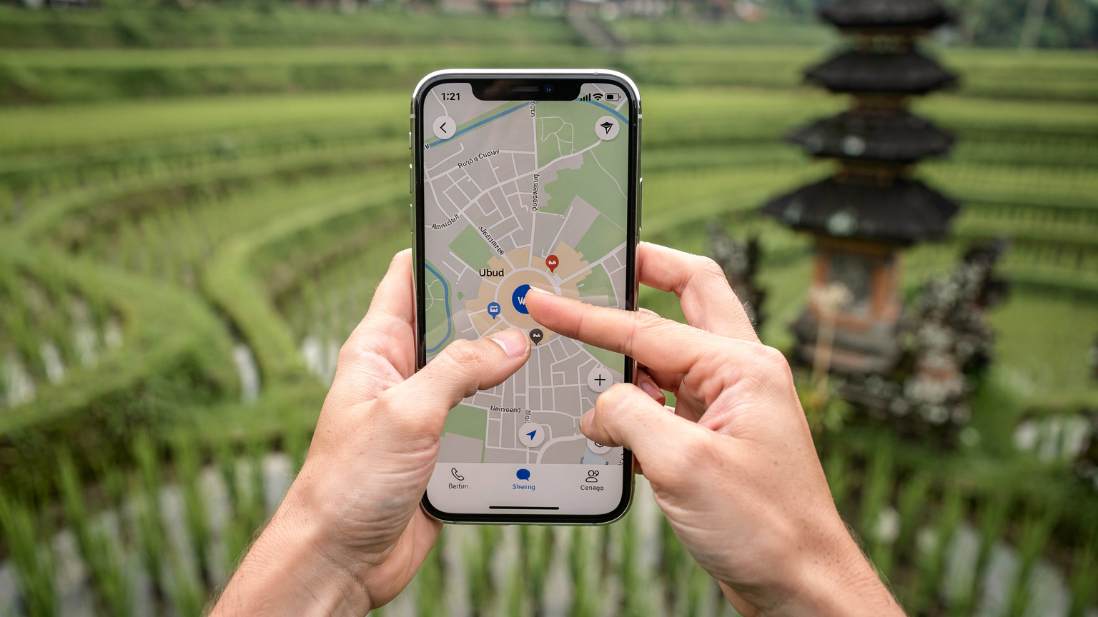 Ręce trzymające smartfon z otwartą aplikacją do mapy, pokazującą lokalizację w centrum Ubud, z tłem rozmazanych pól ryżowych.