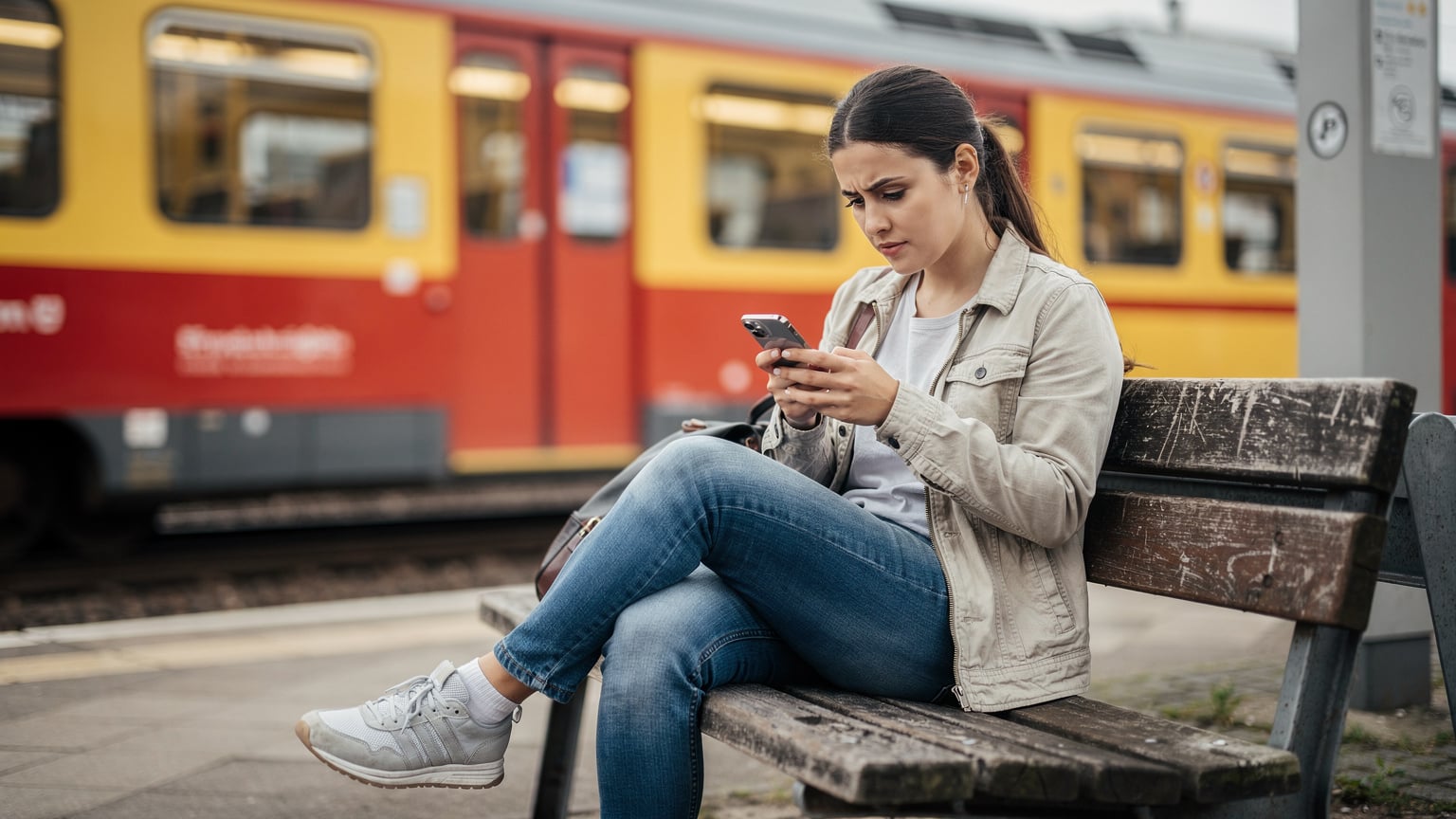 En budgetrejsende tjekker omhyggeligt priserne på eSIM-datapakker på sin iPhone, mens hun sidder på en slidt bænk ved en toglinje i Berlin, med et gammelt S-Bahn tog i baggrunden.