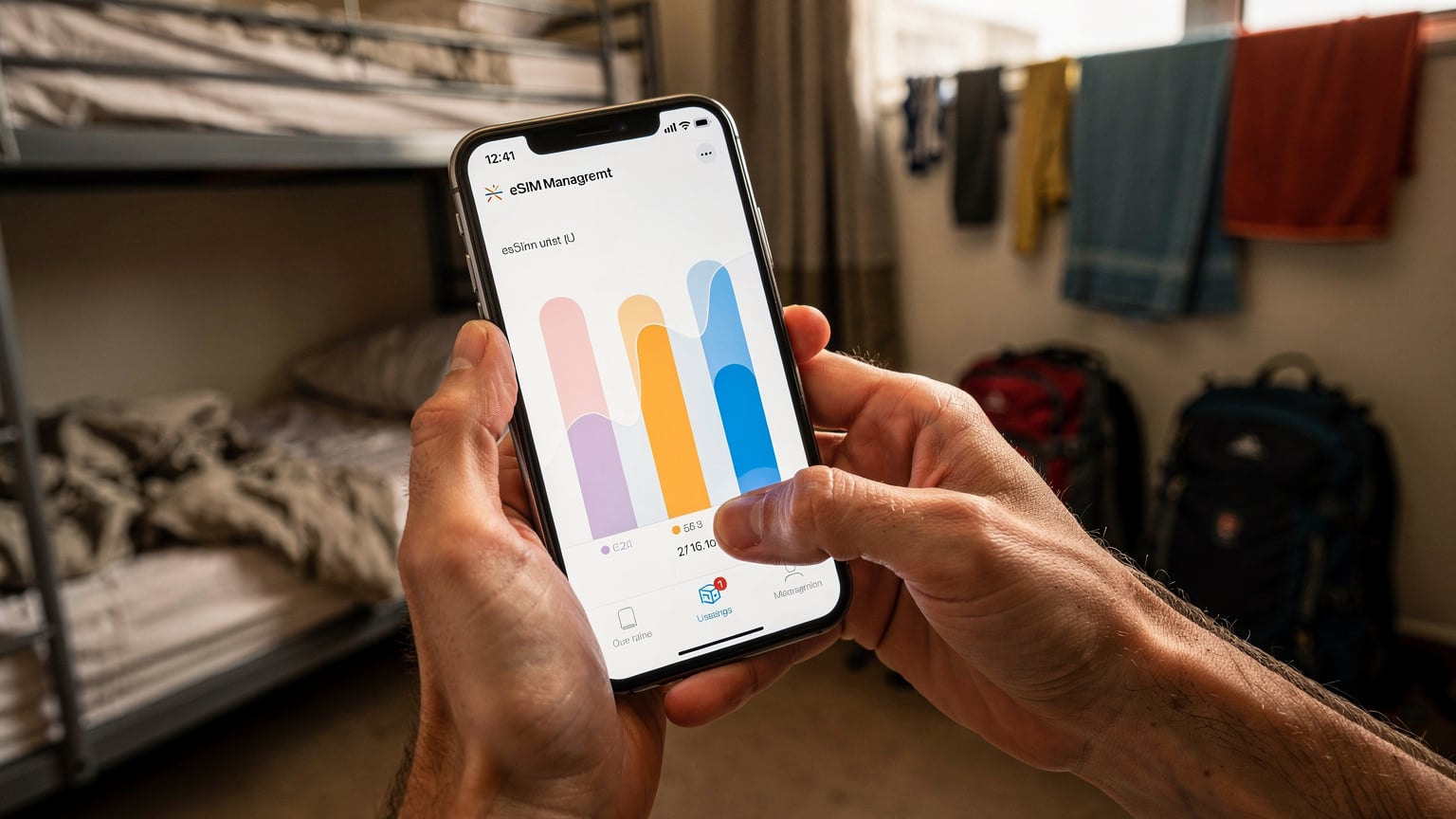 Nærbillede af hænder, der holder en iPhone, hvor en app til eSIM-administration tydeligt viser dataforbrug, mens et hostelværelse med køjesenge og rygsække i baggrunden antyder en budgetrejsesituation.