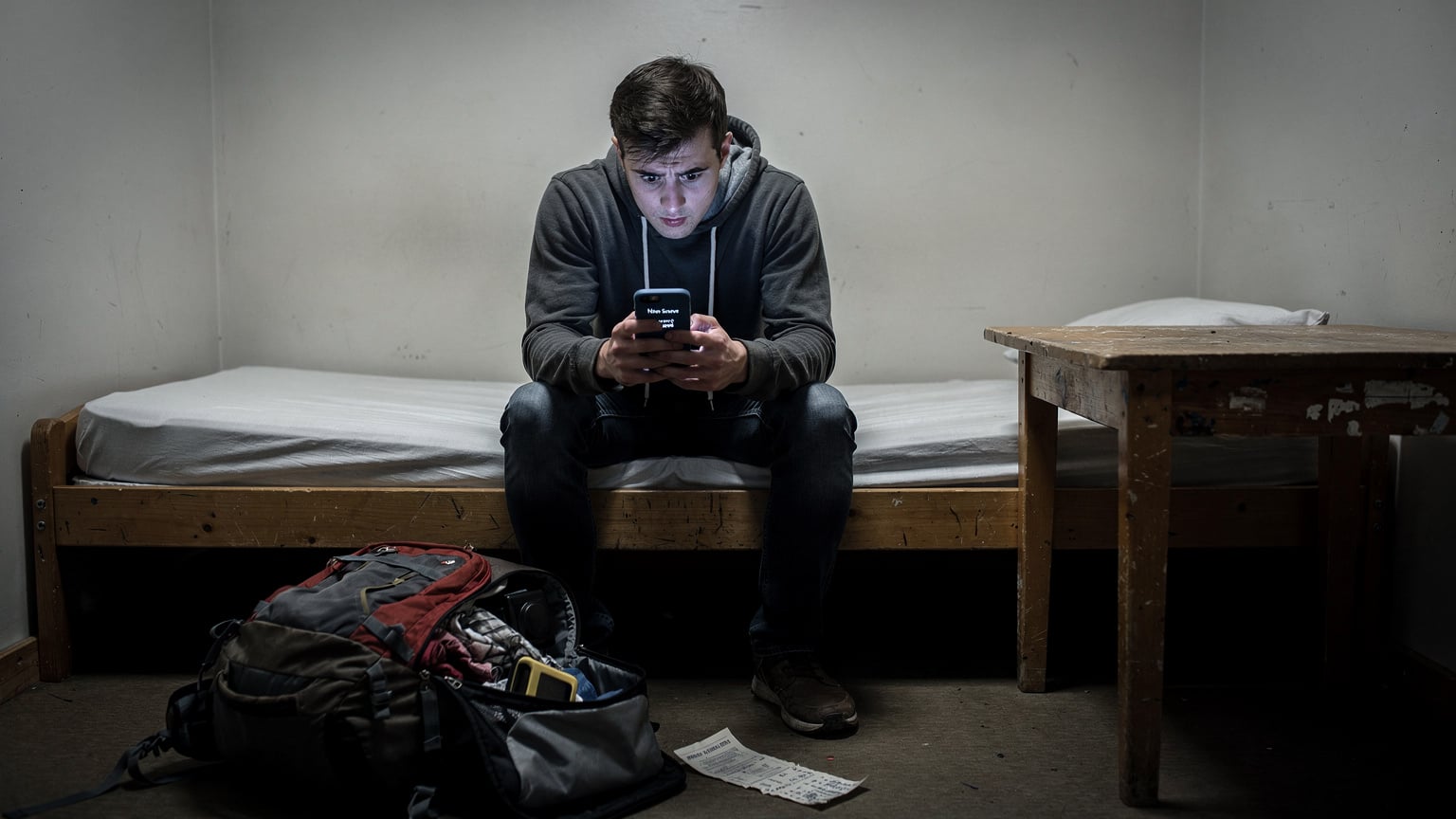 En ung rejsende sidder på en seng i et sparsomt indrettet hostelværelse, ser bekymret på sin iPhone, der viser en 'Ingen tjeneste' besked, mens en åben rygsæk og et togbilletsnippet ligger på gulvet.