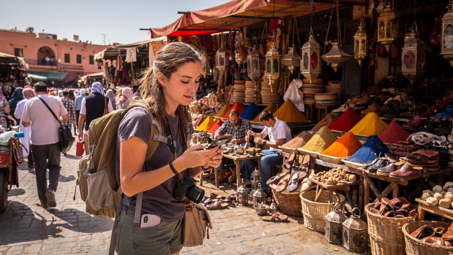 En ung rejsende med en iPhone navigerer gennem en travl markedsplads i Marrakech, Marokko, hvor lokale håndværkere arbejder, og krydderiboder giver et farverigt bagtæppe.