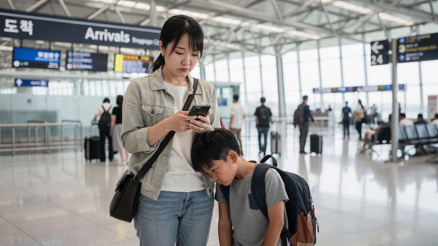 仁川国際空港の到着ロビーで、少し困った顔でスマホの画面を見つめる母親と、その隣で退屈そうにしている子ども。遠くには「Arrivals」の表示。