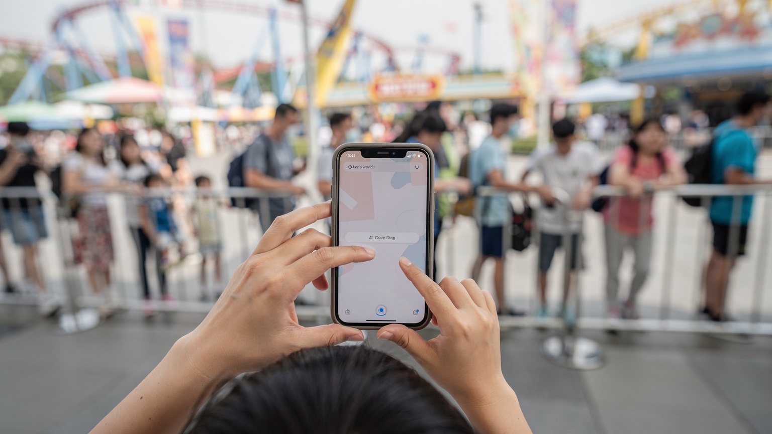 ロッテワールドのアトラクション待ち列で、親が子どものスマホにペアレンタルコントロールの設定をしている手元のアップ。背景は賑やかなテーマパークの雰囲気。