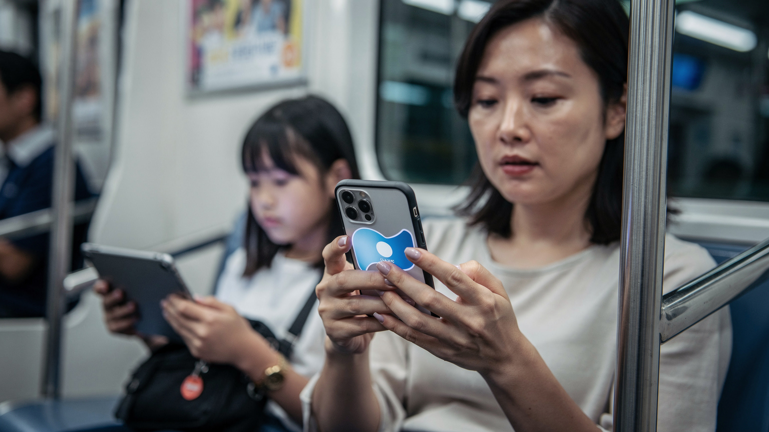ソウルの地下鉄内で、母親がスマートフォンでCellesimアプリを開き、eSIMのデータ残量を確認している様子。子どもは隣でタブレットを見ている。