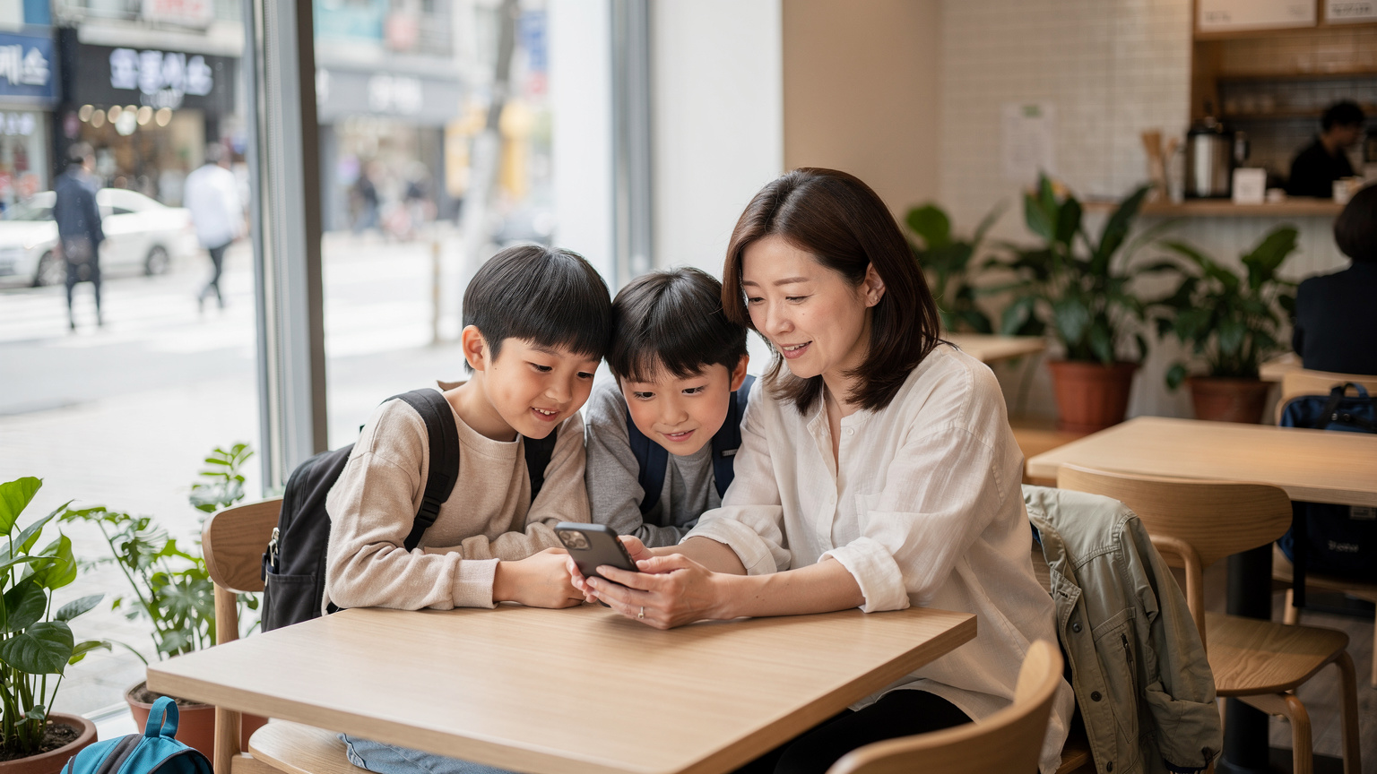ソウルの賑やかなカフェで、家族が無料Wi-Fiに接続し、スマホで次の観光プランを立てている様子。