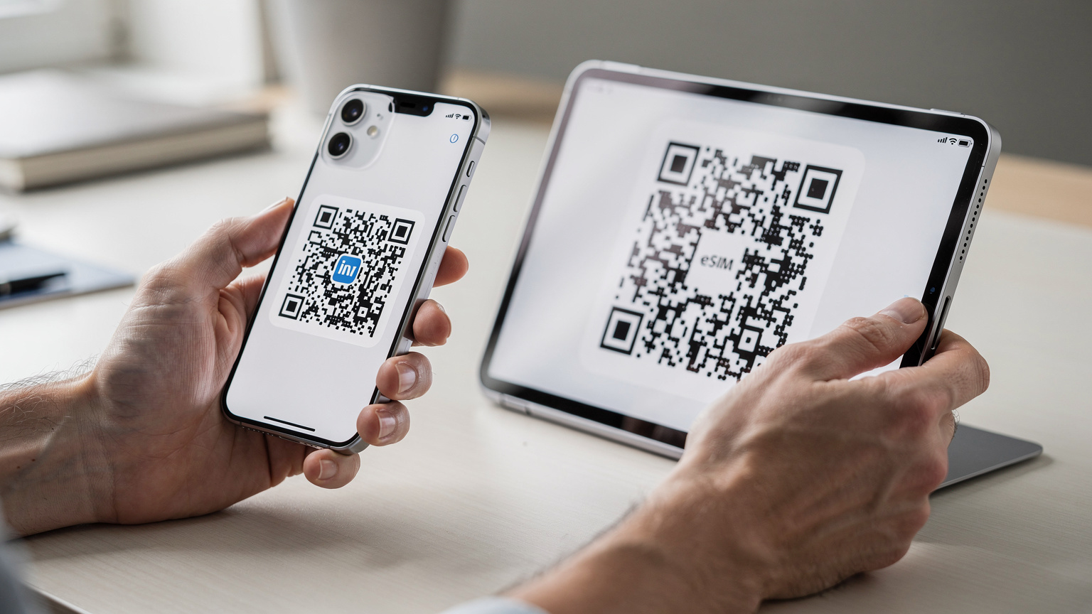 一雙手在柔和的室內光線下,將一部iPhone對準另一台設備上顯示的eSIM QR碼進行掃描。