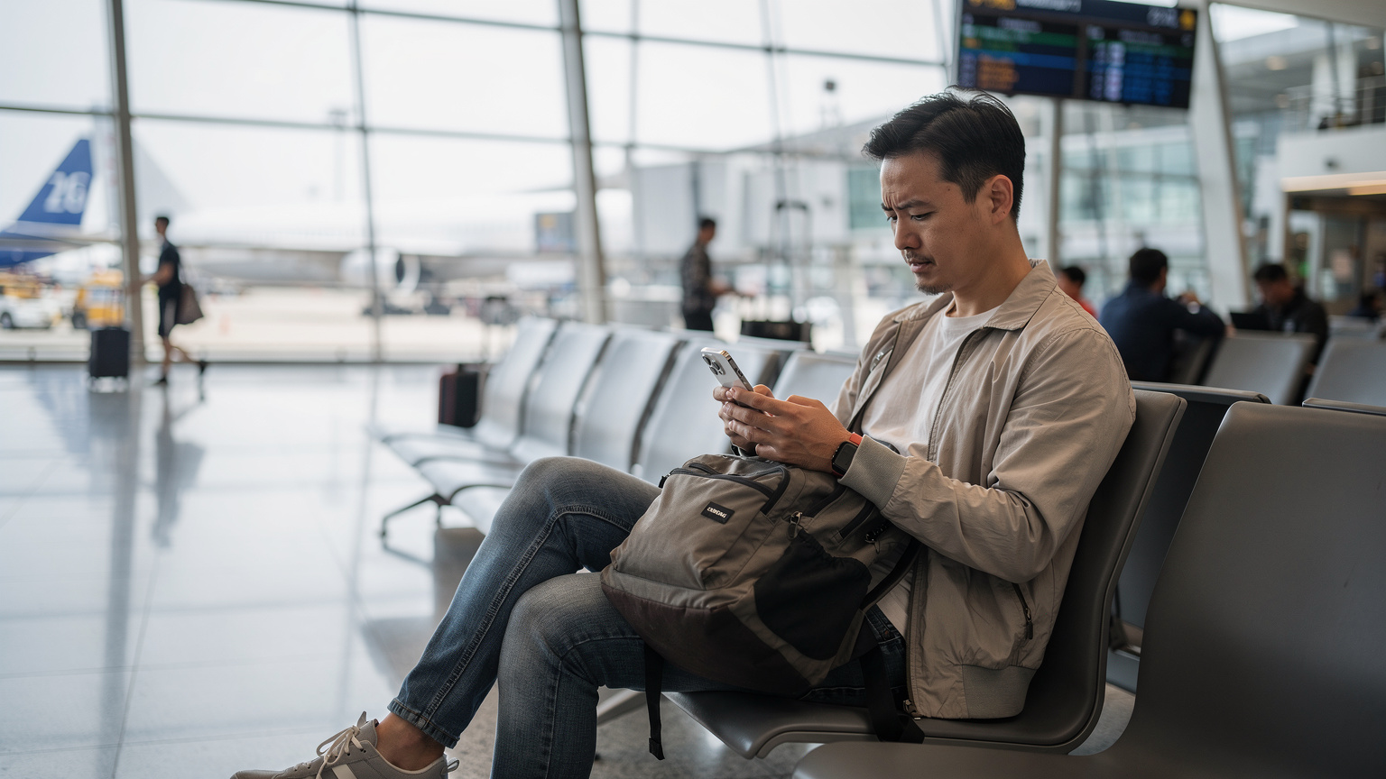 一位旅客在香港國際機場的登機閘口,登機前最後檢查手機的eSIM設置。