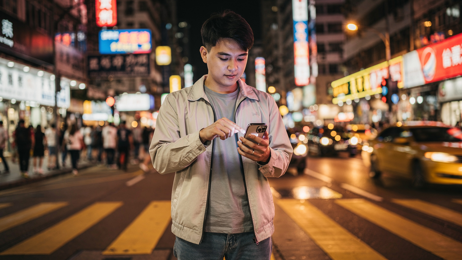 一名香港年輕人站在旺角街頭,正專注地用iPhone設置eSIM,背景是霓虹燈招牌和繁忙的人流。