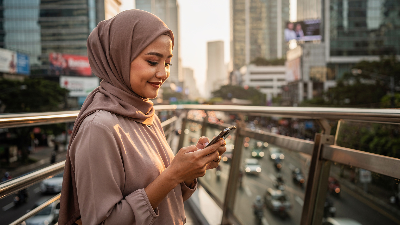 Seorang wanita muda memegang iPhone miliknya dengan latar belakang gedung-gedung tinggi di pusat kota Jakarta saat senja, langit berwarna oranye keunguan.