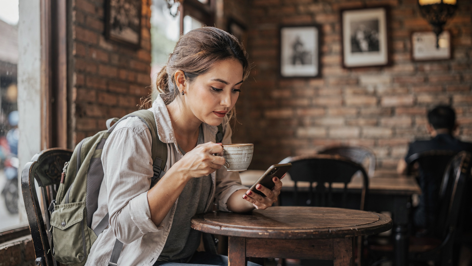 Seorang backpacker wanita sedang browsing internet di ponselnya sambil menikmati kopi di sebuah kafe kecil di kawasan Kota Tua Jakarta.