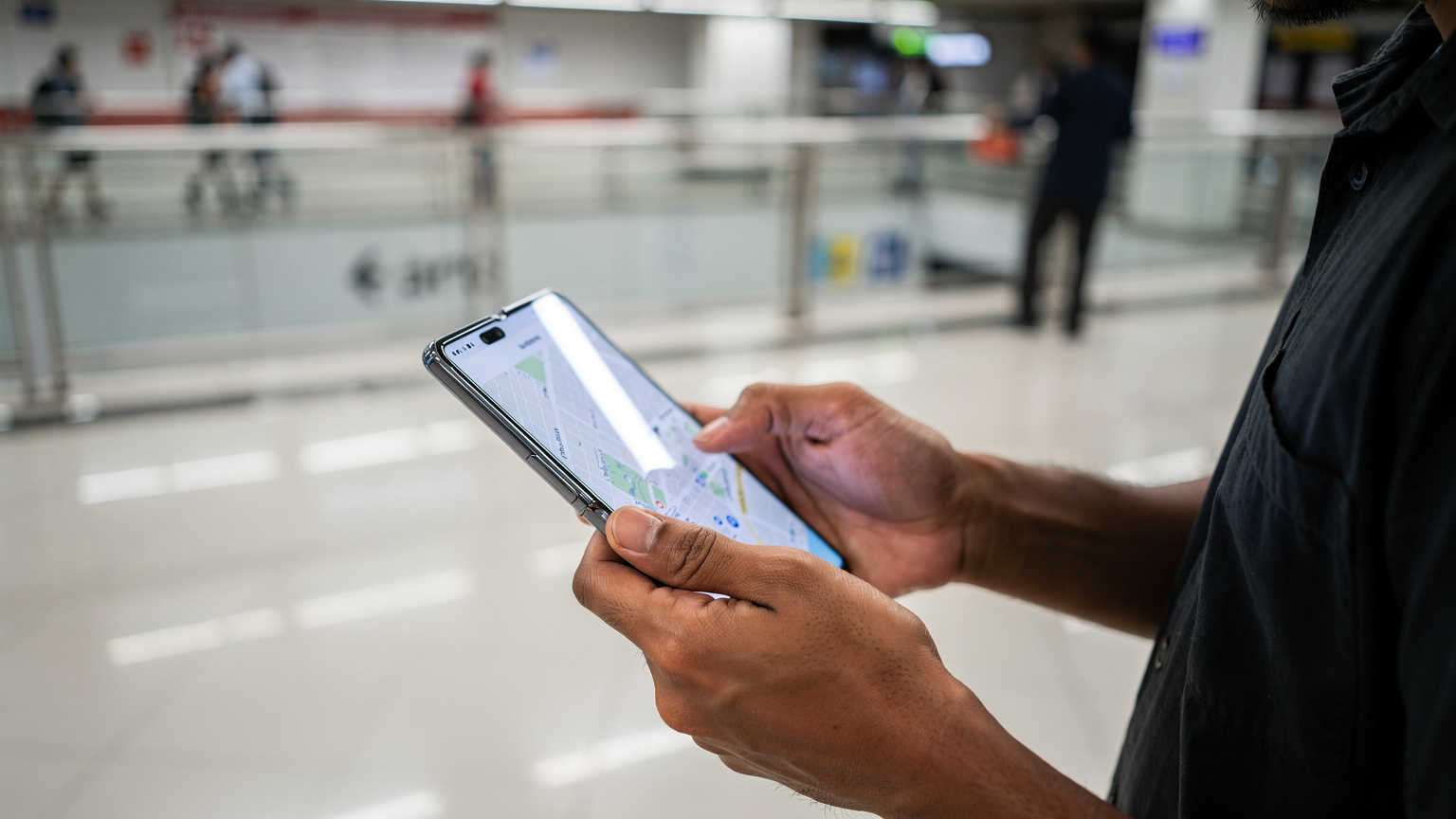 Tangan seorang pria sedang memegang Samsung Galaxy Fold yang terbuka di stasiun MRT Jakarta yang bersih dan modern.