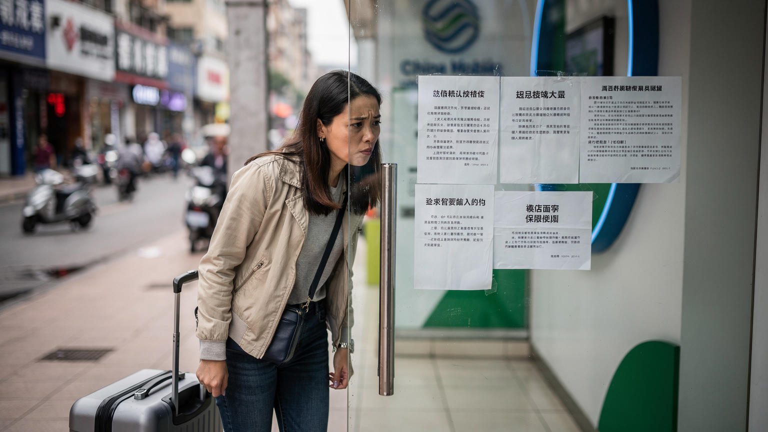 一名香港旅客在中國移動營業廳前,望著門口貼出的複雜辦理須知,顯得有些困惑和無奈。