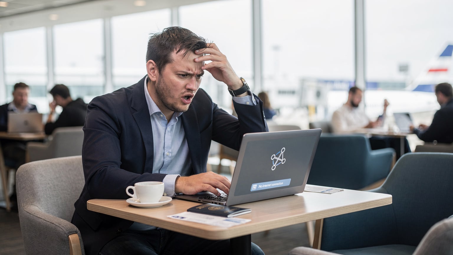 A traveler looks frustrated at their laptop screen, displaying a 'no internet connection' error, while sitting in a busy airport lounge in London, highlighting the common issue of unreliable public Wi-Fi.
