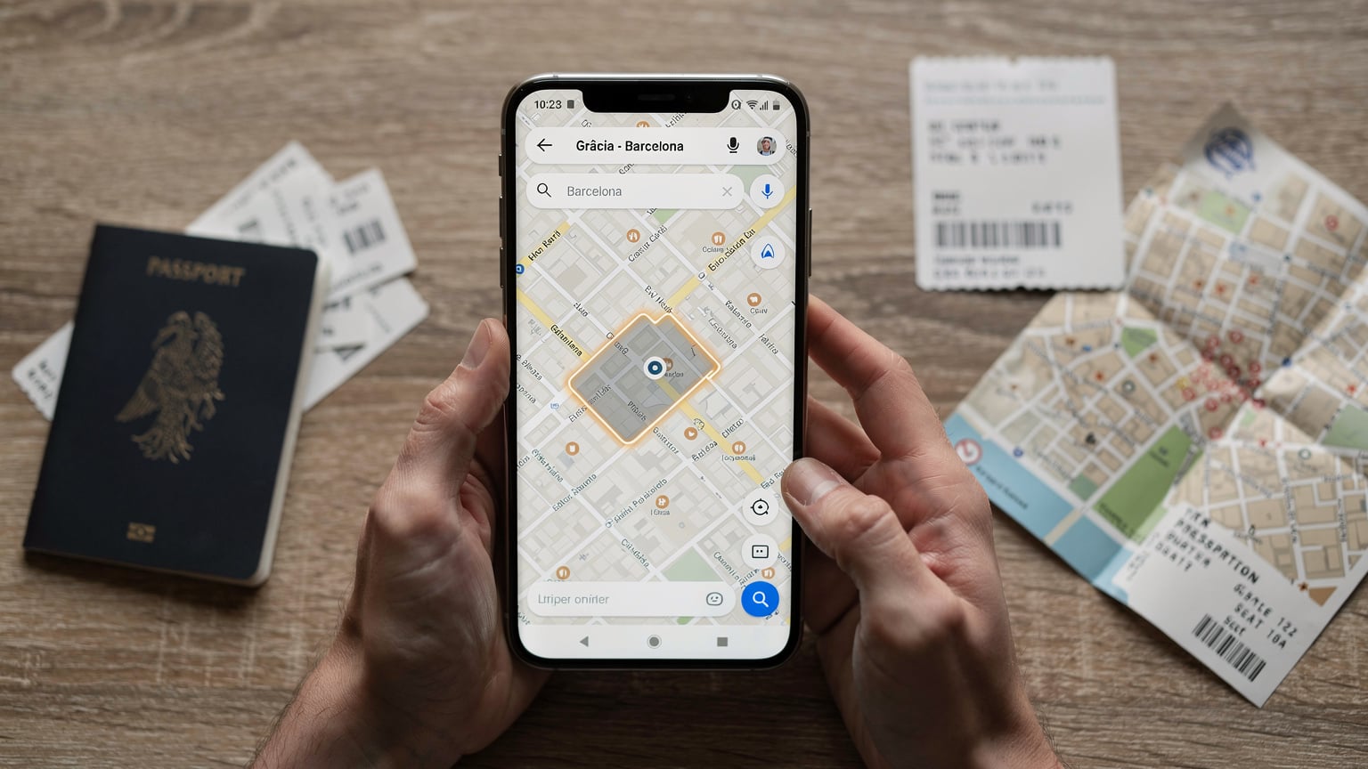 Manos de un viajero sosteniendo un Samsung Galaxy, con la aplicación de Google Maps abierta y un área específica de una ciudad europea marcada para descarga offline, sobre un fondo de pasaporte y billetes de avión.
