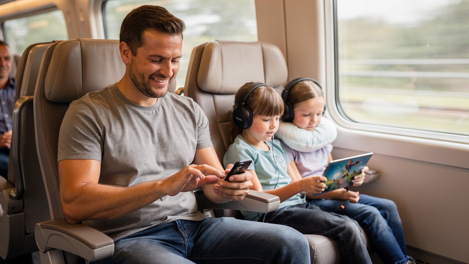 Un padre sonriente configura el hotspot móvil en su Samsung Galaxy mientras sus dos hijos, un niño y una niña, disfrutan viendo una película en una tablet durante un largo trayecto en tren de alta velocidad.