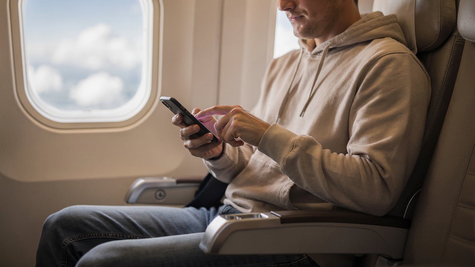 Un viajero revisa su teléfono mientras está sentado en un asiento de avión, con la ventanilla al fondo, activando su eSIM antes de aterrizar en Estambul.