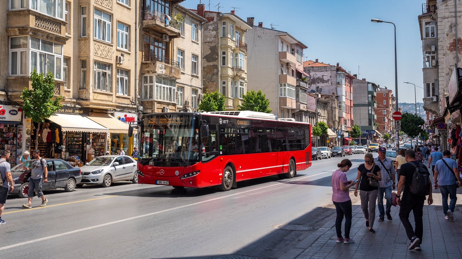 Un autobús público IETT de color rojo oscuro transitando por una calle concurrida en el barrio de Beşiktaş en Estambul, con peatones mirando sus teléfonos.