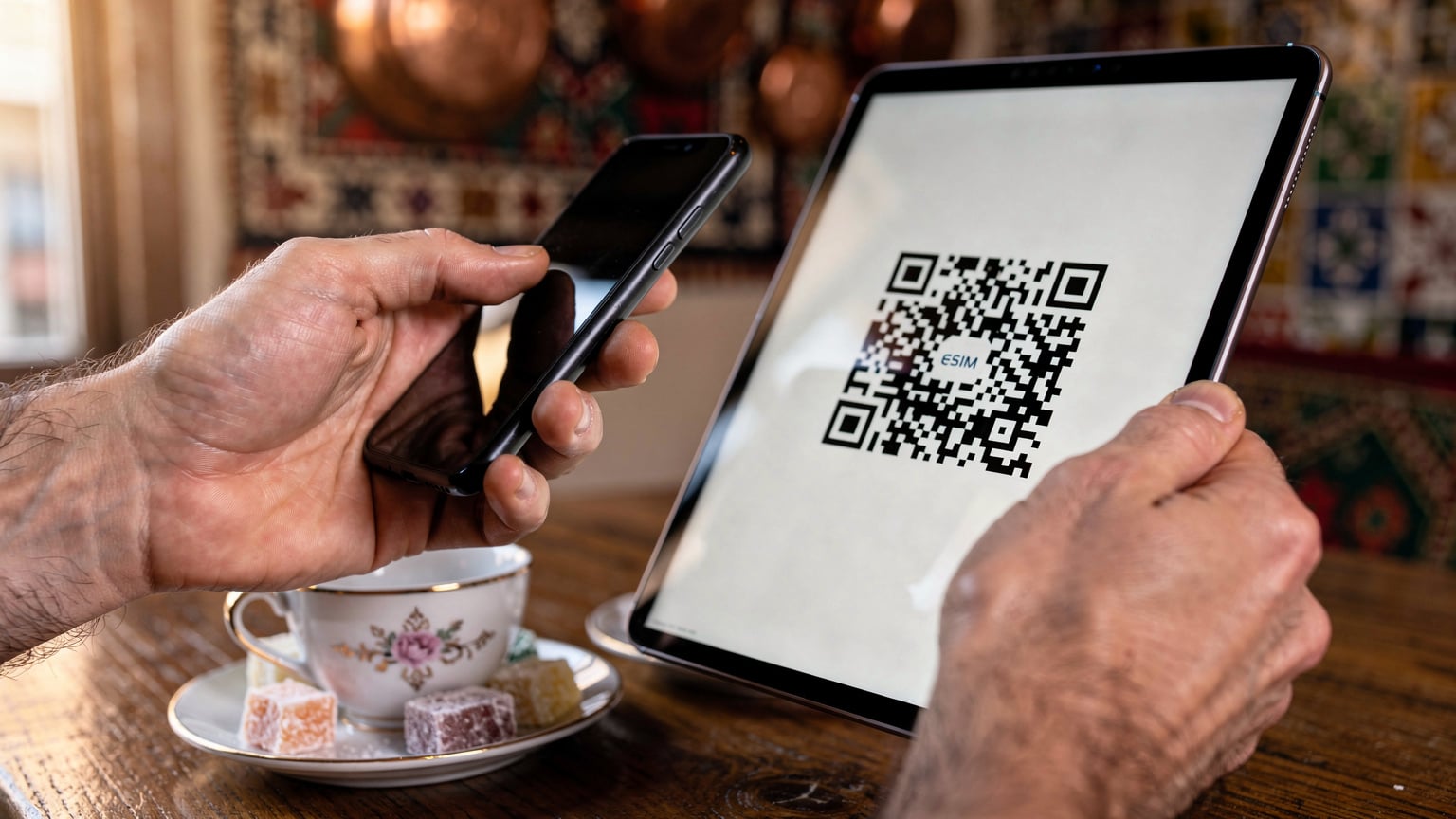 Manos de un viajero sosteniendo un teléfono inteligente y escaneando un código QR desde otro dispositivo para activar su eSIM en un café tradicional de Estambul.