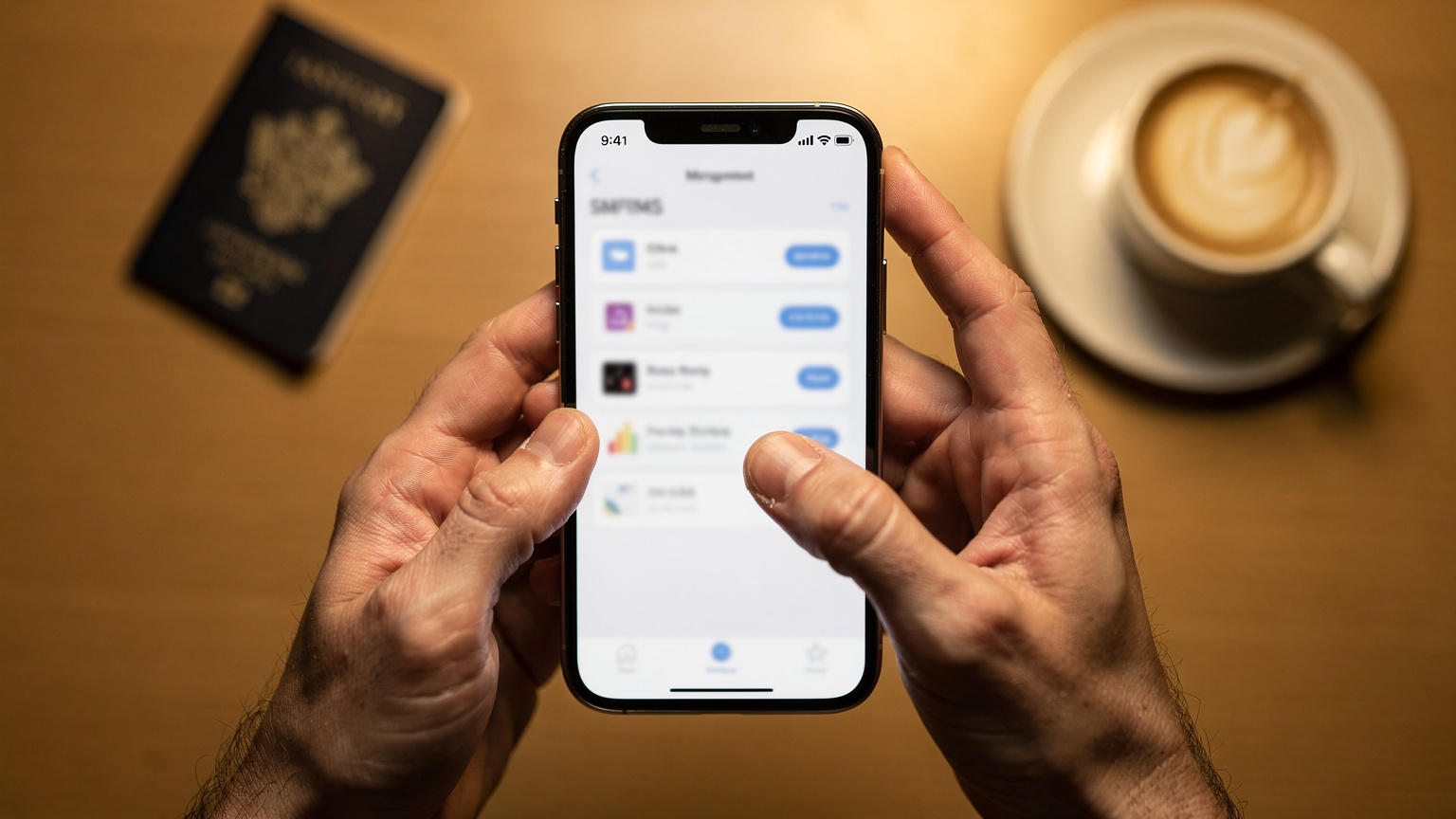 Cestovatel drží telefon, na kterém je zobrazeno rozhraní pro správu eSIM, s prstem připraveným k výběru balíčku.