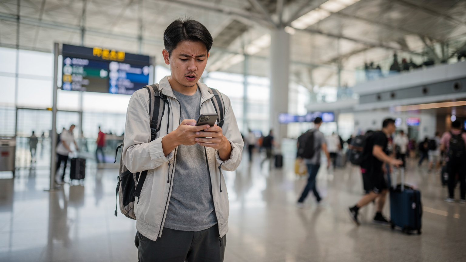 A traveler looking confused or frustrated at their phone in a bustling, modern Chinese airport terminal, with other passengers moving past, illustrating the common challenge of connectivity problems while traveling.