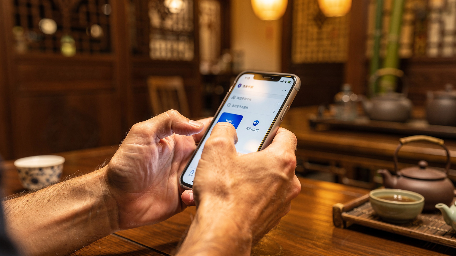 A close-up of human hands setting up a VPN on a smartphone, with the blurred background of a traditional Chinese tea house interior, implying the need for digital tools even in authentic cultural settings.