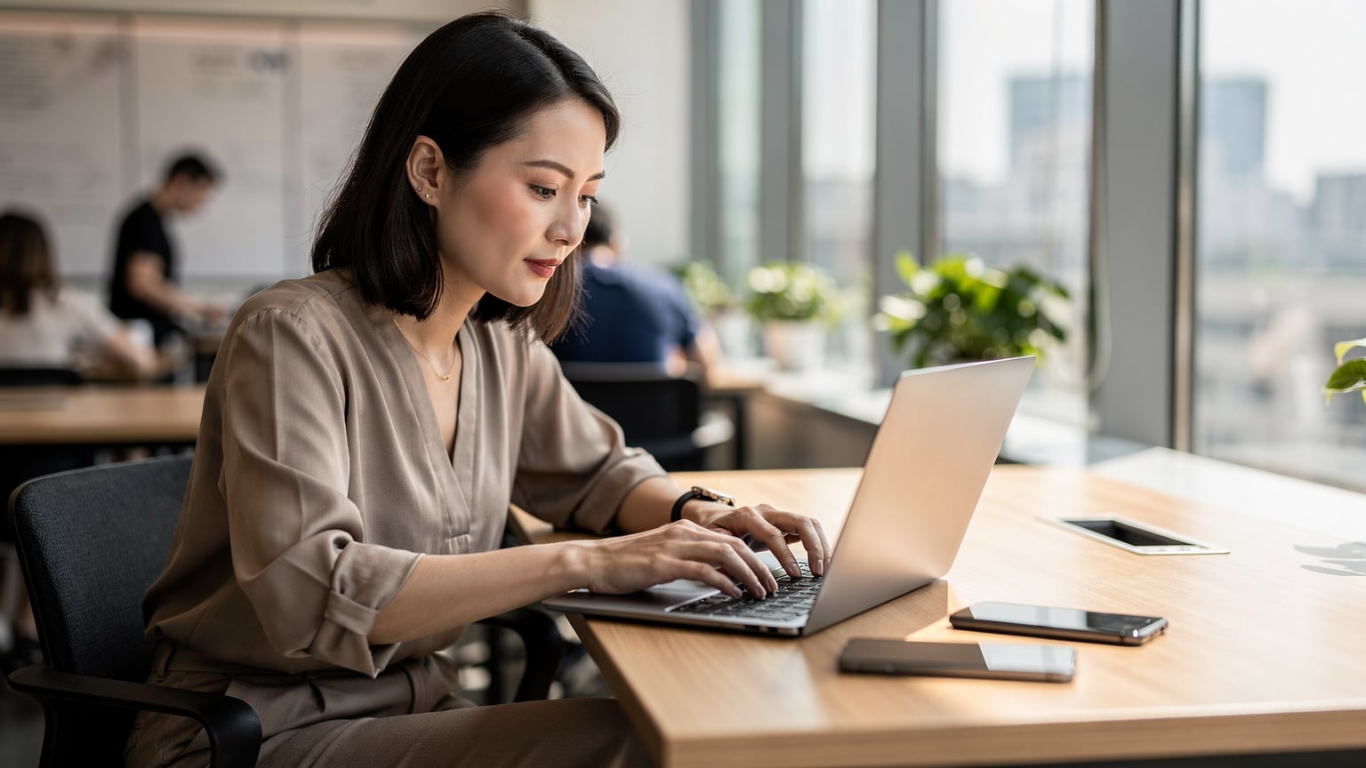 A digital nomad woman focused on her laptop in a bright, modern co-working space in Beijing's Chaoyang district, with a Cellesim-enabled smartphone nearby, symbolizing seamless connectivity for work.