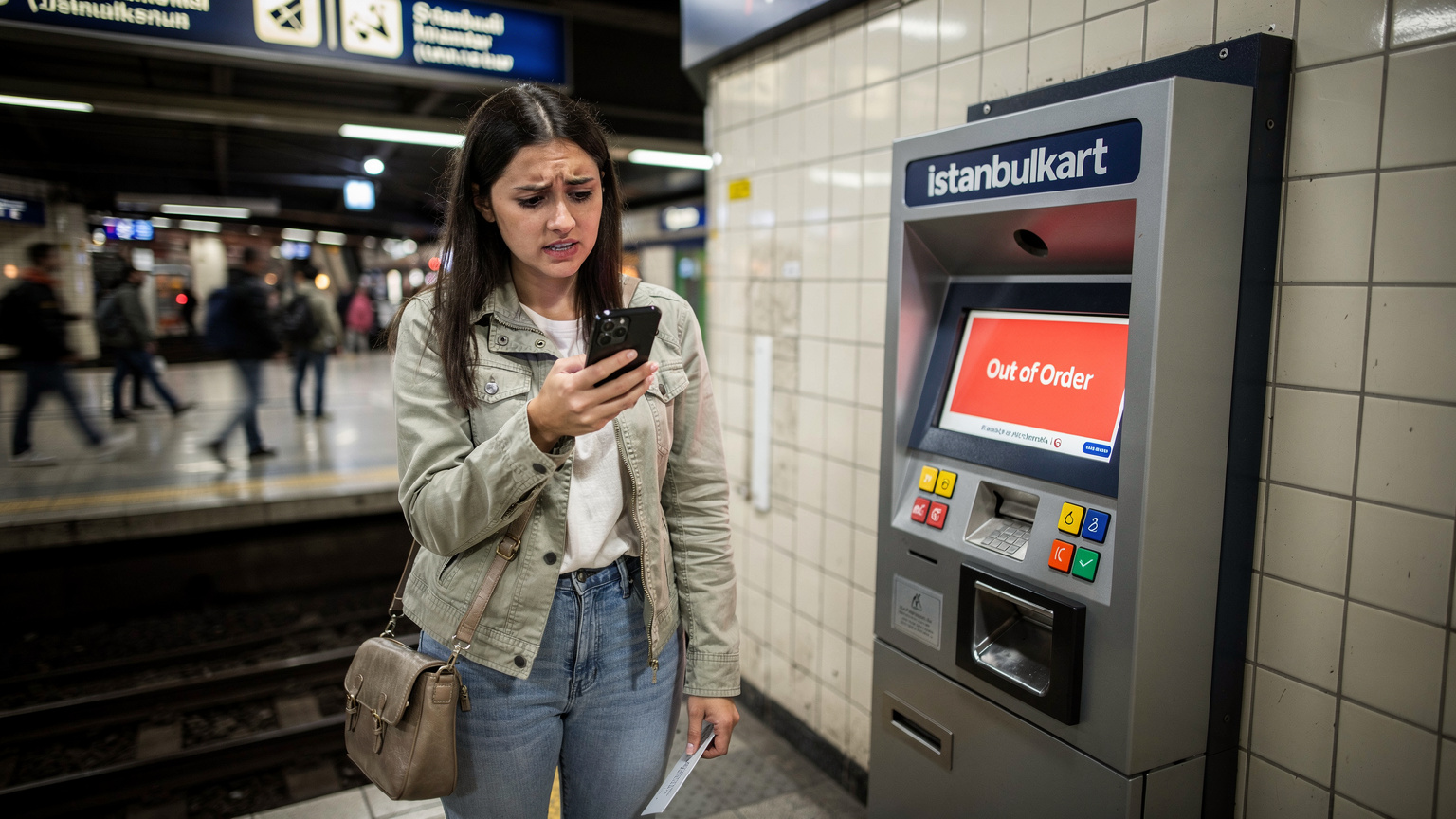 O turistă privește confuză la ecranul telefonului său Samsung S26, stând lângă un automat de bilete Istanbulkart defect, într-o stație de metrou aglomerată din Istanbul. Fundalul este estompat, accentuând frustrarea călătoarei.