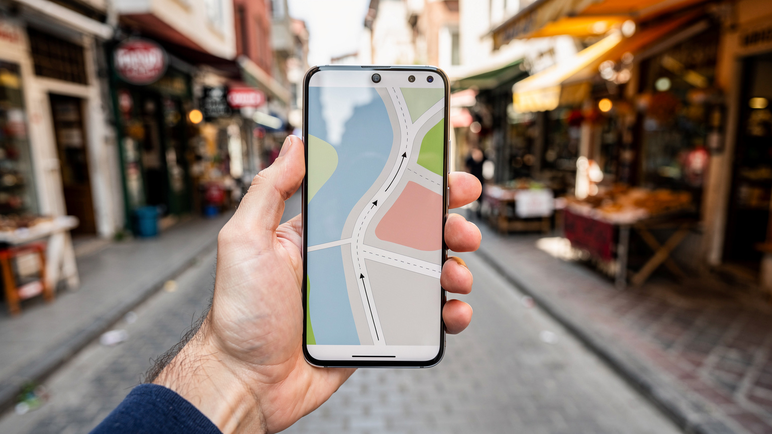 Mână umană cu un Samsung S26 navigând pe o aplicație de hărți, arătând un traseu spre o cafenea. Perspectiva este de prim-plan, focalizată pe interacțiunea cu telefonul, cu fundalul orașului estompat.