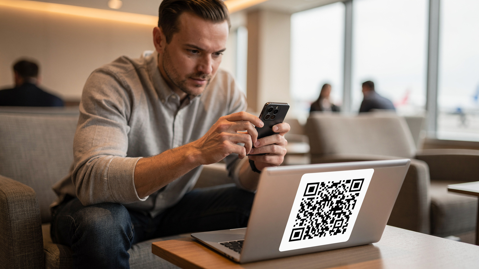 Un călător, cu un Samsung S26 în mână, scanează un cod QR de pe ecranul unui laptop într-un lounge liniștit de aeroport, activând un eSIM înainte de zbor. Lumina ambientală este caldă, difuză, creând o atmosferă relaxată.