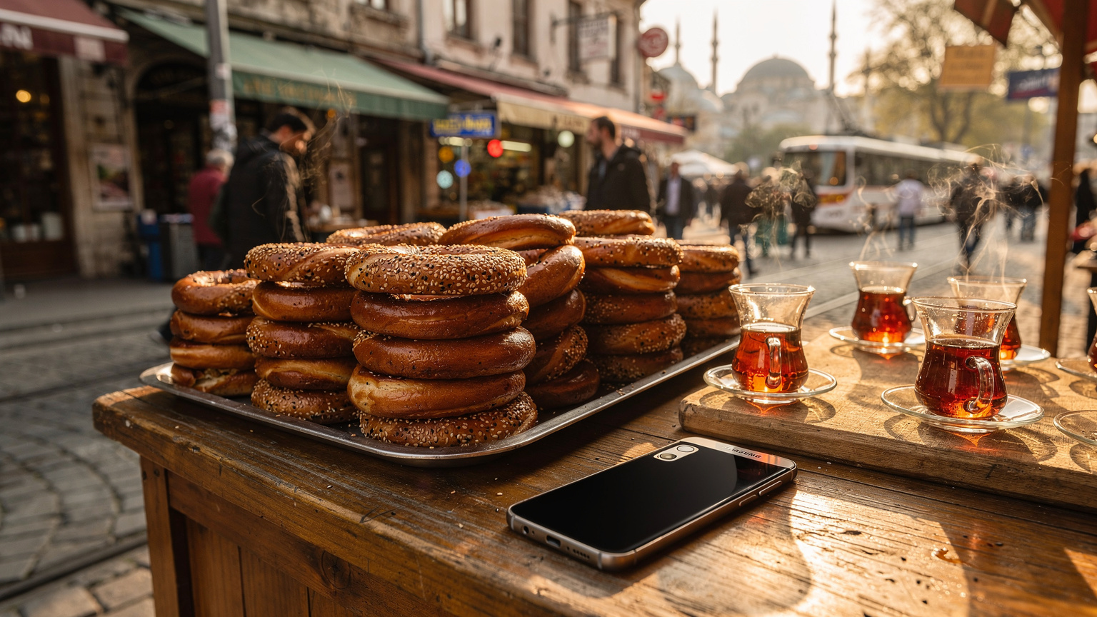 Un stand de vânzător stradal din Istanbul, cu simit proaspăt și ceai turcesc, cu un Samsung S26 așezat pe tejghea, sugerând o pauză de explorare și o integrare în cultura locală.